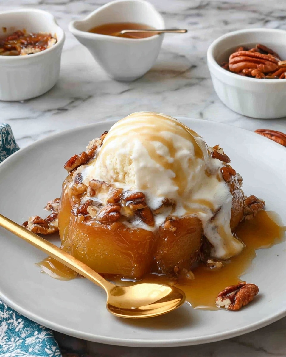 A dessert served on a white plate with three clear layers: the bottom layer is a soft, golden-brown baked apple half with a shiny, slightly caramelized surface, the middle layer shows chopped pecans adding a rich brown, nutty texture, and the top layer is a smooth, creamy white scoop of ice cream drizzled with light caramel sauce. A golden spoon rests on the plate touching the apple and pooling melted ice cream and caramel. In the background are two small white bowls, one with glossy caramel sauce and the other with whole pecans, all placed on a white marbled surface. Photo taken with an iphone --ar 4:5 --v 7