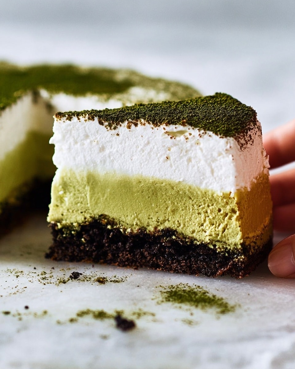 A close-up of a sliced three-layered cake on a white marbled surface, showing the layers clearly. The bottom layer is dark brown with a crumbly texture like crushed cookies, the middle layer is light green and smooth, resembling matcha cream, and the top layer is white and fluffy, like whipped cream or mousse. The entire cake slice and the remaining cake are dusted with a fine dark green powder, likely matcha, evenly covering the top. Crumbs are scattered around the base of the slice, and a woman's hand is gently holding the side of the slice. Photo taken with an iphone --ar 4:5 --v 7