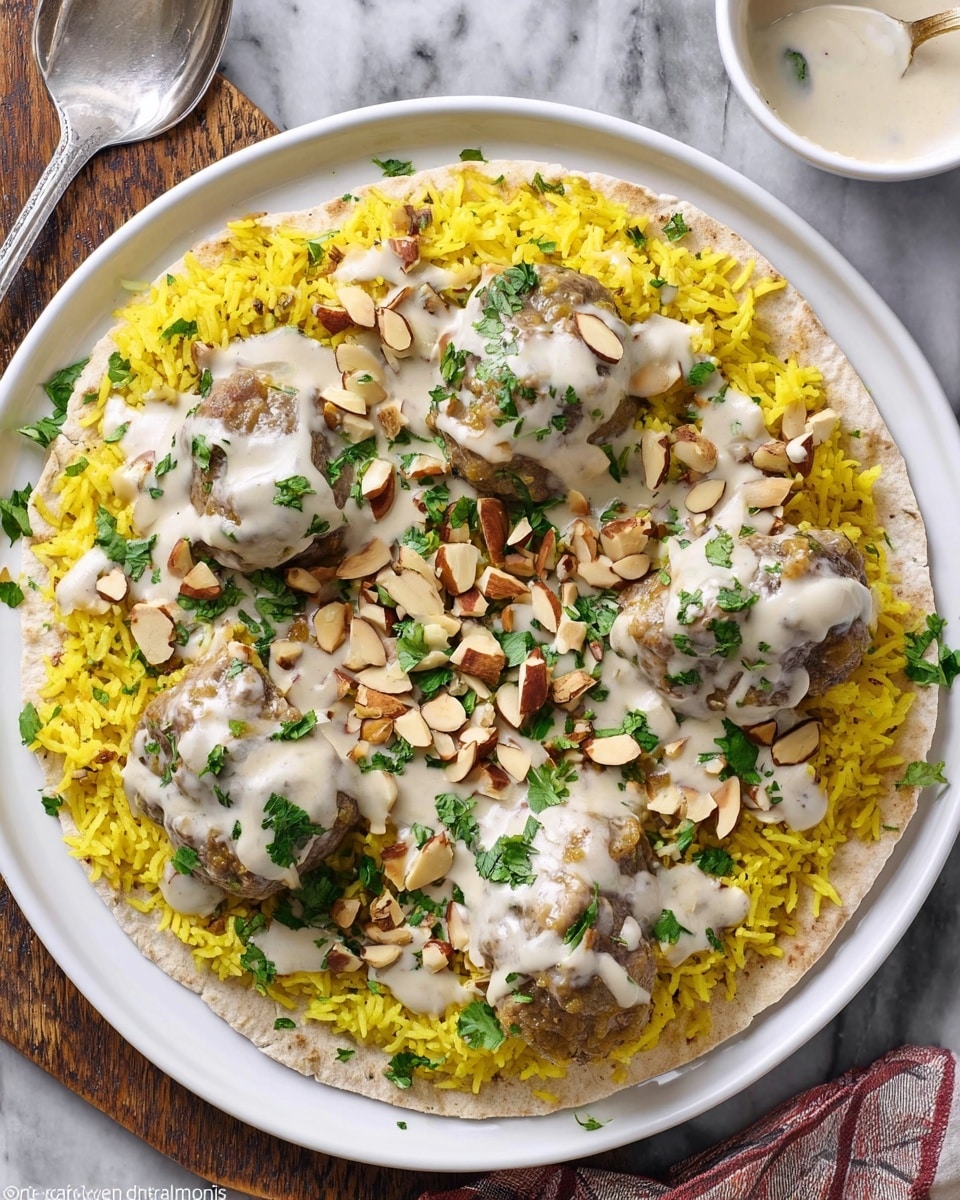 The dish shows a base layer of yellow rice spread across a round flatbread that lines a white plate. On top of the rice, there are four irregular pieces of meat coated in a creamy white sauce. The meat and rice are garnished with whole almonds and chopped green herbs scattered evenly around. The plate sits on a white marbled textured surface with a spoon and a part of a white bowl visible nearby. photo taken with an iphone --ar 4:5 --v 7