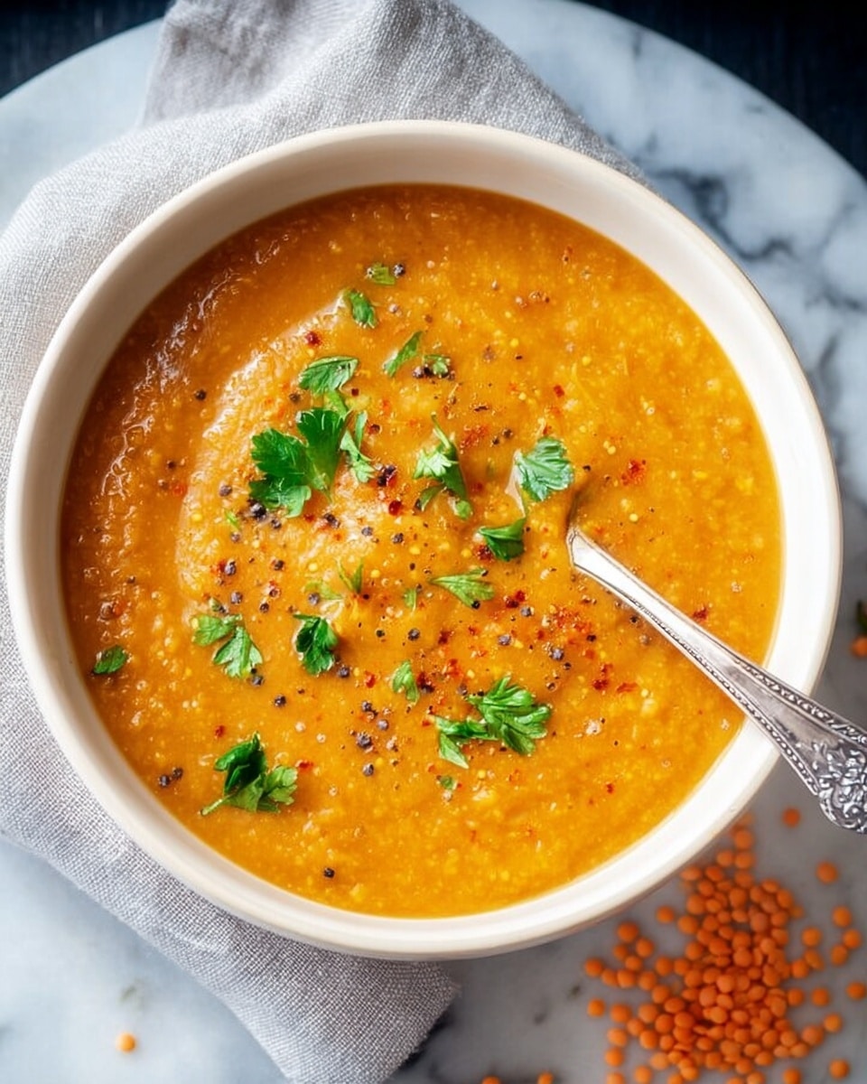 A white bowl filled with thick orange lentil soup showing a smooth but slightly textured surface with visible bits of lentils and spices. The soup is garnished with fresh green parsley leaves scattered on top and small black pepper specks sprinkled over the surface. A silver spoon with a decorative handle is partially dipped into the soup from the right side. The bowl sits on a soft, light grey cloth on a white marbled surface, with some uncooked orange lentils scattered near the bottom right corner. Photo taken with an iphone --ar 4:5 --v 7