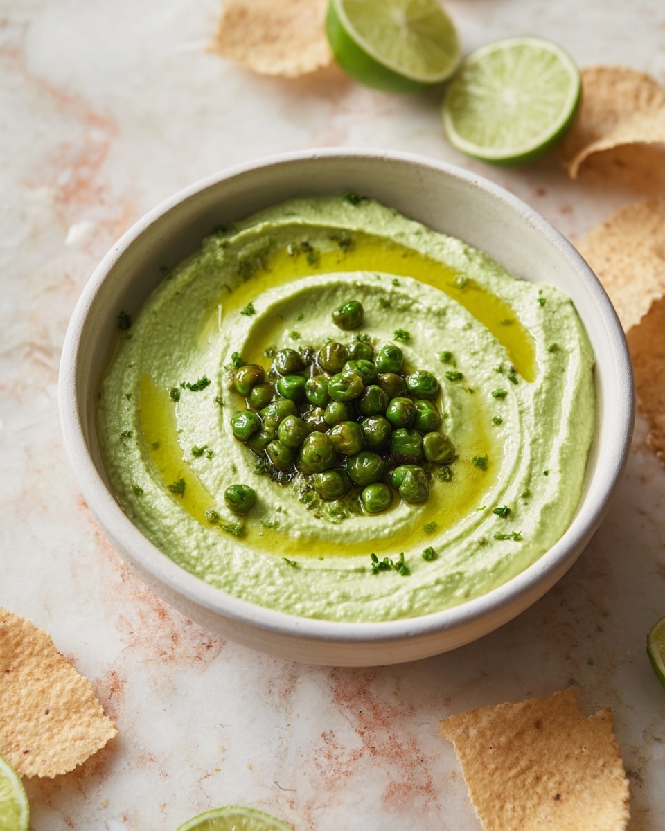 A white bowl filled with a smooth, thick, pale green dip, topped with a small pile of charred green peas scattered in the center and drizzled with bright yellow-green oil. The dip surface is slightly swirled, creating soft curves. Around the bowl on a white marbled surface, there are a few scattered crispy beige chips and halved green limes. Photo taken with an iphone --ar 4:5 --v 7