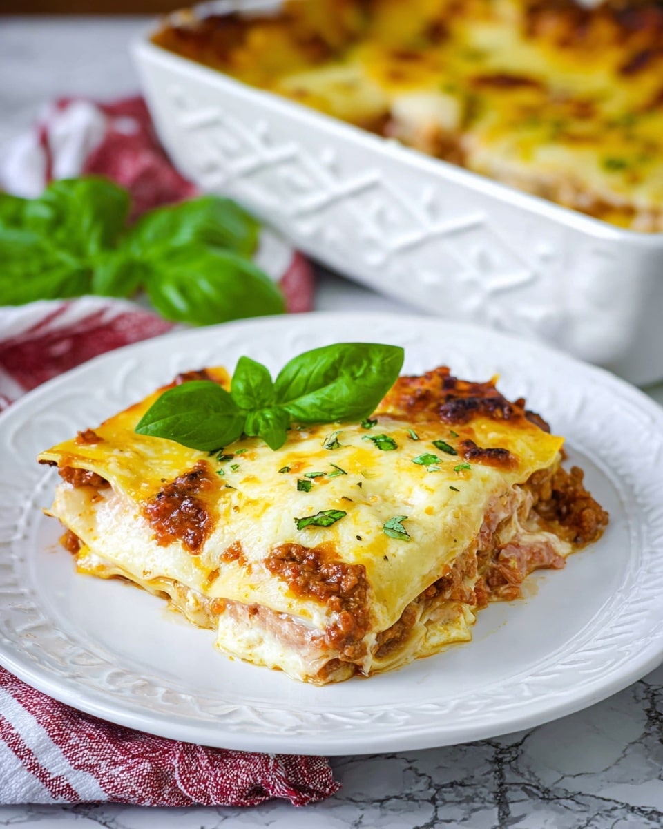 A square piece of lasagna sits on a white plate on a dark wooden surface with a white marbled texture. The lasagna has three visible layers of golden-browned pasta sheets, each separated by creamy white cheese and a light brown meat sauce with bits of tomato. The top layer is golden melted cheese with small green herb sprinkles and a fresh green basil leaf on top. In the background, a white patterned baking dish with more lasagna is slightly out of focus. Photo taken with an iphone --ar 4:5 --v 7
