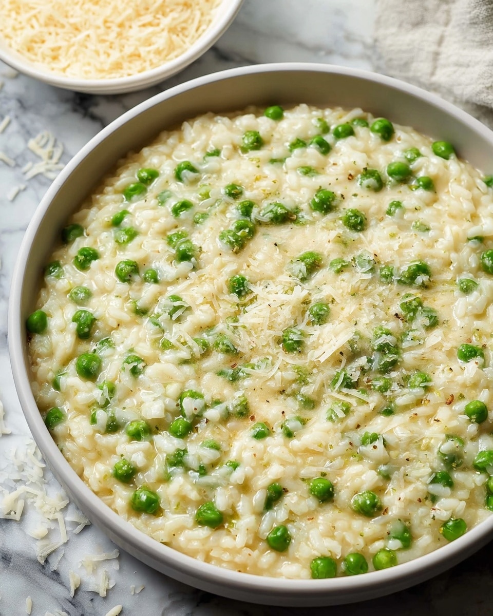 A close-up view of a creamy risotto with bright green peas mixed evenly throughout. The dish has one main layer of soft, slightly glossy white rice with smooth texture combined with scattered vibrant green peas. The risotto is served in a large white bowl, filled almost to the top. The surface shows bits of melted cheese sprinkled lightly on top, adding a fine grainy layer. In the background, there is another white bowl filled with grated cheese. The whole scene is placed on a white marbled surface, enhancing the fresh look of the food. Photo taken with an iphone --ar 4:5 --v 7