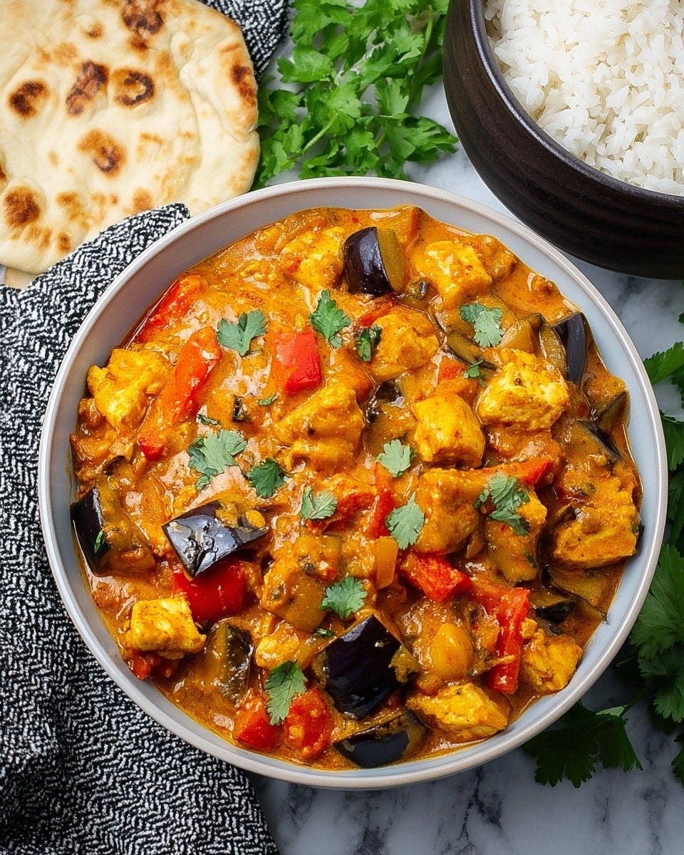 A close-up of a blue bowl filled with a thick stew made of orange-red sauce, with visible chunks of white paneer, dark purple eggplant pieces, and bright red slices of bell pepper. The stew is garnished with fresh green cilantro leaves scattered on top. The bowl is set on a white marbled surface with a striped cloth and some naan bread partly visible in the background, with more fresh cilantro leaves placed nearby. photo taken with an iphone --ar 4:5 --v 7