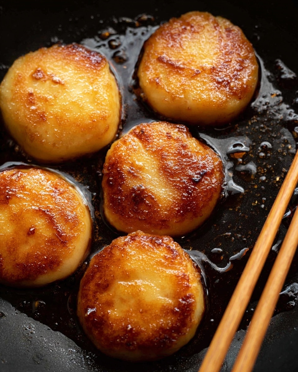 The image shows five golden brown, round fried cakes with a shiny, slightly oily surface, cooking evenly in a black pan. Each cake is thick and has a light crispy texture on the outside with some darker browned spots giving a caramelized look. The cakes are arranged close to one another with a pair of light wooden chopsticks resting on the bottom right side of the pan. The pan’s surface has a glossy, dark texture due to the cooking oil. photo taken with an iphone --ar 4:5 --v 7