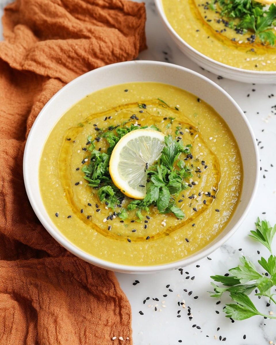 A white bowl filled with thick yellow lentil soup shows a smooth but slightly textured surface. On top, a thin swirl of oil forms a light amber circle near the edges. In the middle, a single slice of lemon peeks out, partly covered by a small bunch of fresh green parsley leaves and stems. Scattered around are small black sesame seeds that add contrast. The bowl sits on a white marbled surface with more black sesame seeds and some parsley sprigs nearby. Behind the bowl, another similar bowl of soup is partly visible along with a crumpled orange cloth. Photo taken with an iphone --ar 4:5 --v 7