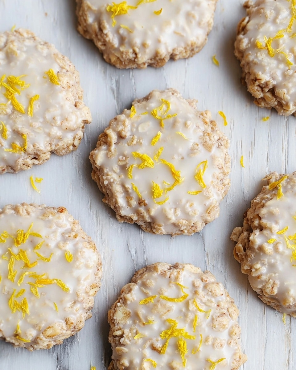 The image shows several round cookies arranged on a white marbled surface, each cookie having a rough texture with visible oats and a light creamy coating. The cookies are topped with small yellow flower petals scattered unevenly over each one. The cookies appear soft and slightly thick, with a homemade look, spaced evenly across the surface. photo taken with an iphone --ar 4:5 --v 7