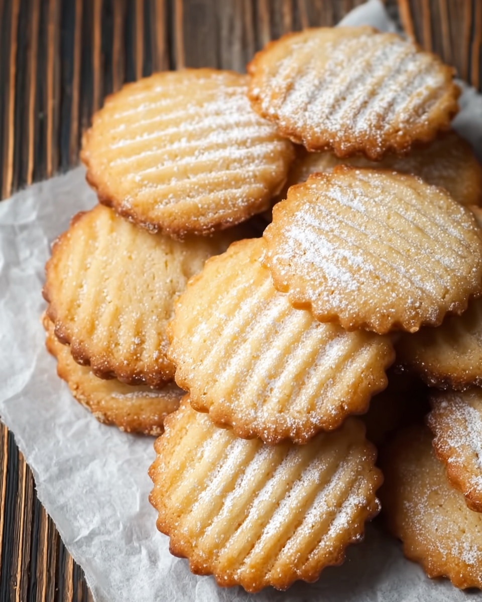 A close-up view of a pile of round cookies with scalloped edges placed on white parchment paper on a wooden table with vertical dark and light brown stripes. Each cookie is golden brown with a slightly darker edge, and the top surface has a pattern of evenly spaced, shallow diagonal ridges. A light dusting of white powdered sugar adds a soft texture on the top. The cookies are stacked loosely, some overlapping, showing their thin and crumbly texture. photo taken with an iphone --ar 4:5 --v 7