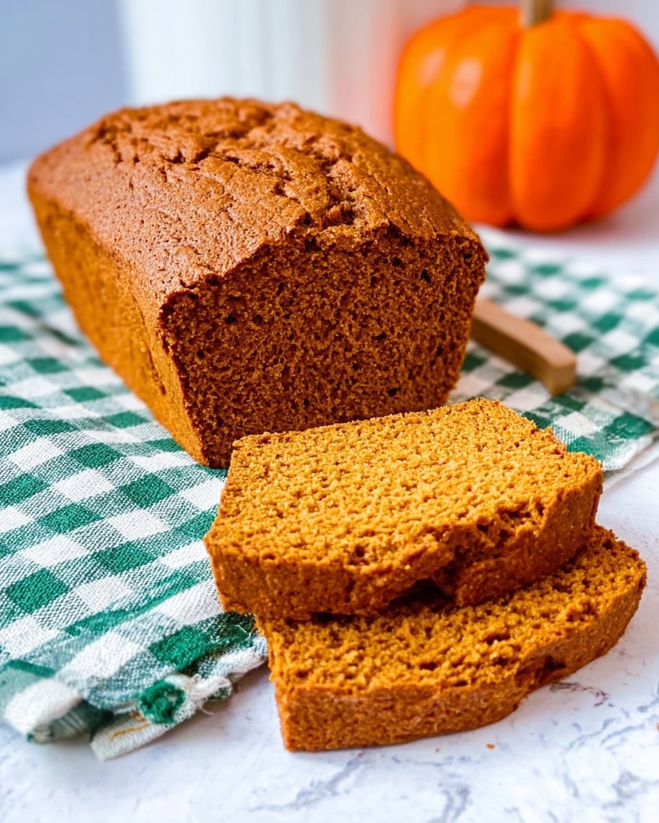 The image shows a loaf of brown pumpkin bread with a rough, cracked top crust and a soft, dense texture inside. Two slices are cut and laid flat in front of the loaf, showing a uniform, fine crumb in a warm orange-brown color. The bread sits on a white marbled surface with a green and white checkered cloth underneath. A bright orange pumpkin is visible in the background, adding a seasonal feel. The photo taken with an iphone --ar 4:5 --v 7