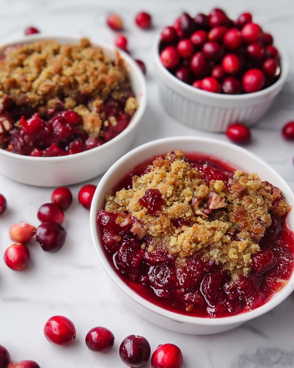 The image shows two white bowls filled with cranberry crumble, each with two layers: the bottom layer is glossy, deep red cooked cranberries with some whole cranberries visible, and the top layer is a golden-brown crumbly crust with small bits of nuts and red cranberry pieces embedded. Around the bowls are scattered fresh, shiny whole cranberries with a smooth texture, resting on a white marbled surface. In the background, there is a smaller white bowl also filled with fresh cranberries. The photo taken with an iphone --ar 4:5 --v 7