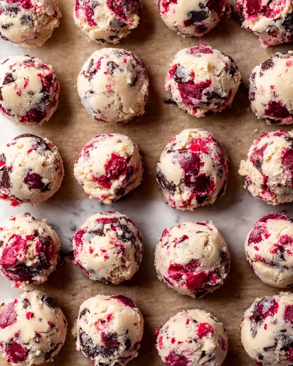 The image shows many small round balls of cookie dough arranged in rows on light brown parchment paper. Each ball is made of a creamy pale dough mixed with bright red berry pieces and dark chocolate chunks, giving a speckled look of red, dark brown, and creamy off-white colors. The texture of the dough looks soft and slightly crumbly, with parts where berries and chocolate pieces stick out unevenly. The balls are close to each other but not touching, all roughly the same size and shape, on a smooth white marbled surface beneath the parchment paper. photo taken with an iphone --ar 4:5 --v 7