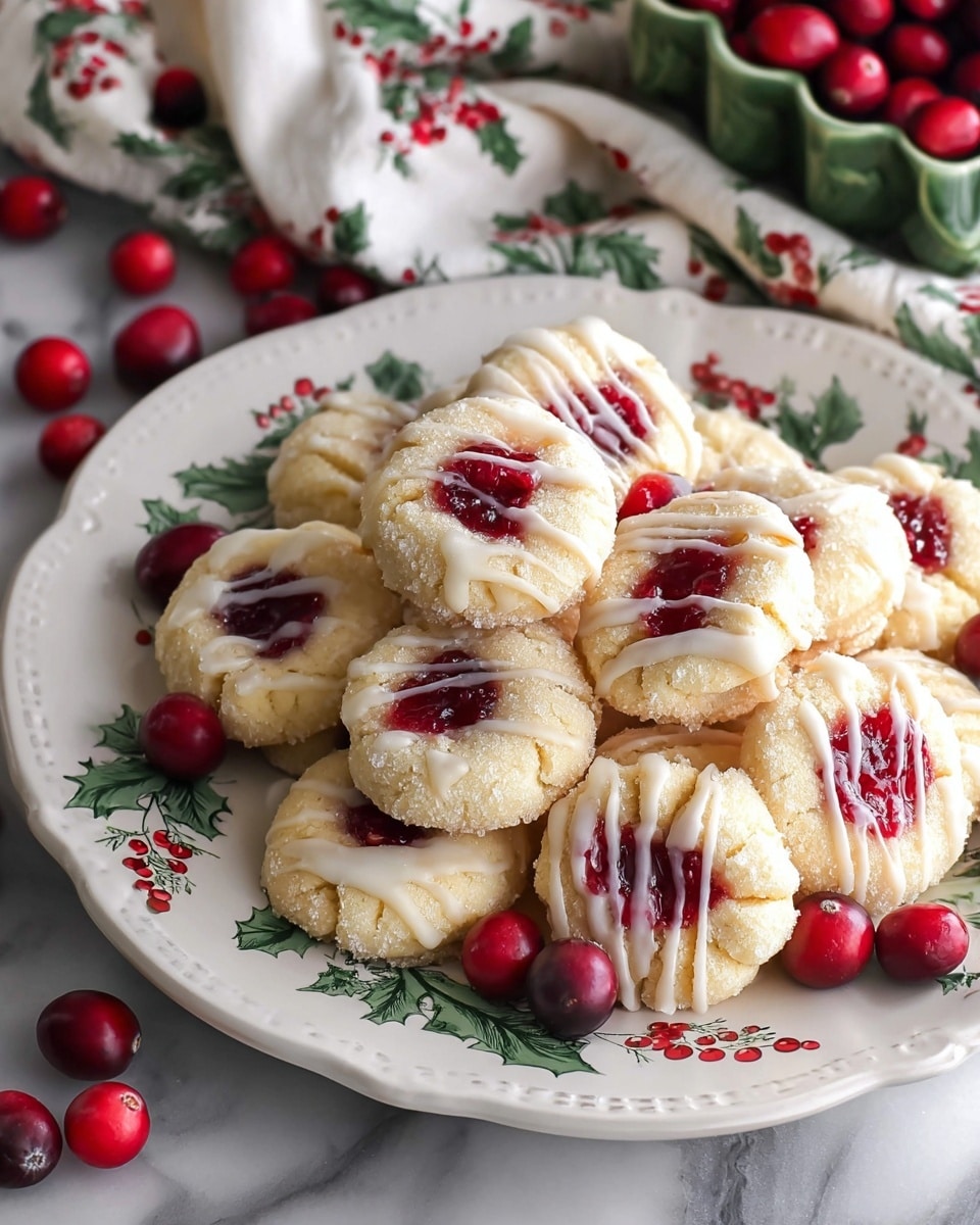 A white plate with green holly leaf designs and red berries is filled with a pile of round thumbprint cookies. Each cookie has a pale golden color with a rough sugar-coated edge, a small round red cranberry filling in the center, and white icing drizzled over the top in thin stripes. Bright red fresh cranberries are scattered around the plate, which sits on a white marbled surface. Part of a green leaf-shaped dish with similar cookies and a white cloth with red and green holly prints are visible in the background. Photo taken with an iphone --ar 4:5 --v 7