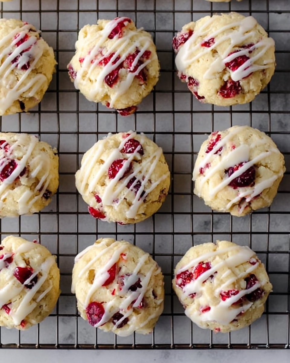 The image shows a close-up of a cooling rack filled with several round cookies, each cookie containing visible bits of bright red cranberries mixed in a soft, pale dough base. The cookies are arranged in neat rows, and each one is topped with a thin drizzle of white icing that adds a glossy texture. The metal cooling rack is placed on a white marbled surface that contrasts with the warm tones of the cookies. Each cookie has a slightly rough, crumbly texture with a soft, moist look from the cranberries and icing. Photo taken with an iphone --ar 4:5 --v 7