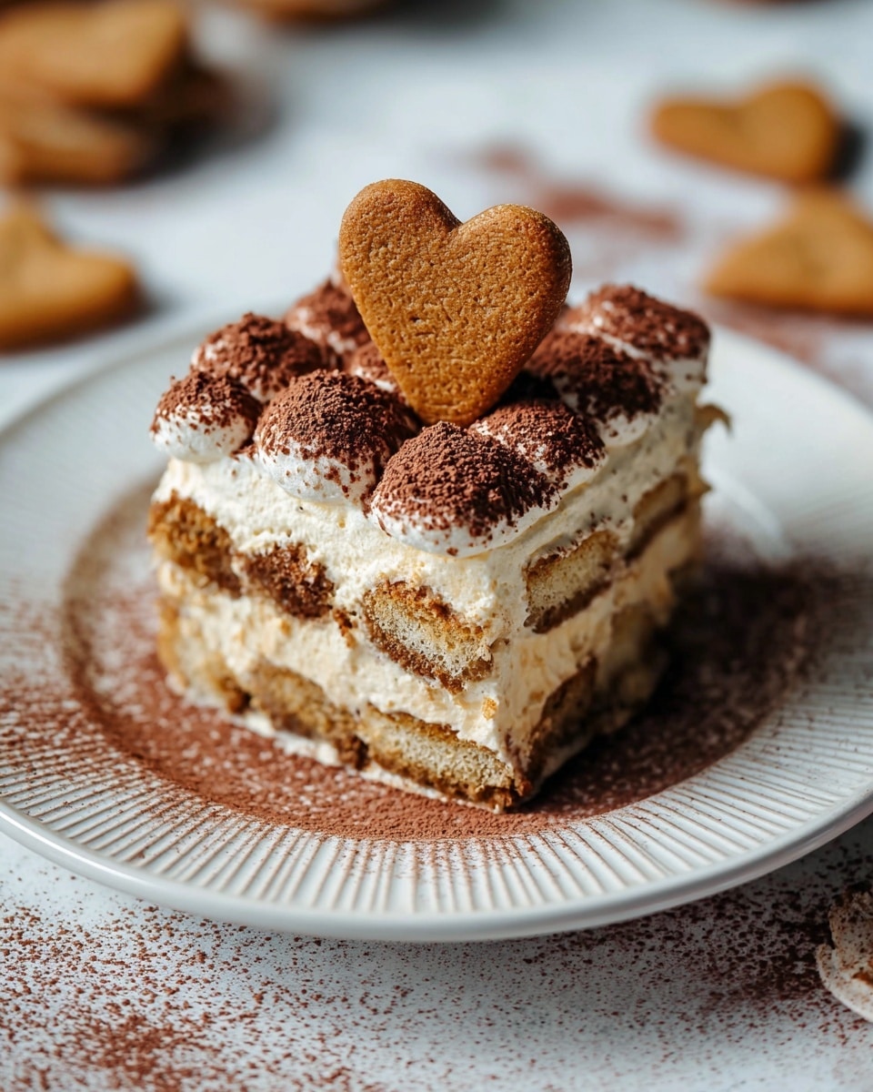 A square slice of tiramisu shows three layers of soft, light brown sponge cake soaked in coffee, separated by two thick layers of creamy, light beige mascarpone filling. The top is covered with fluffy white cream dusted with a deep brown cocoa powder, with peaks and valleys adding texture. A heart-shaped ginger cookie, golden brown with coarse sugar crystals, stands upright on top in the center. The dessert sits on a white plate with subtle ridged edges, placed on a white marbled surface lightly dusted with cocoa powder and scattered with a couple of ginger cookies in the background. Photo taken with an iphone --ar 4:5 --v 7
