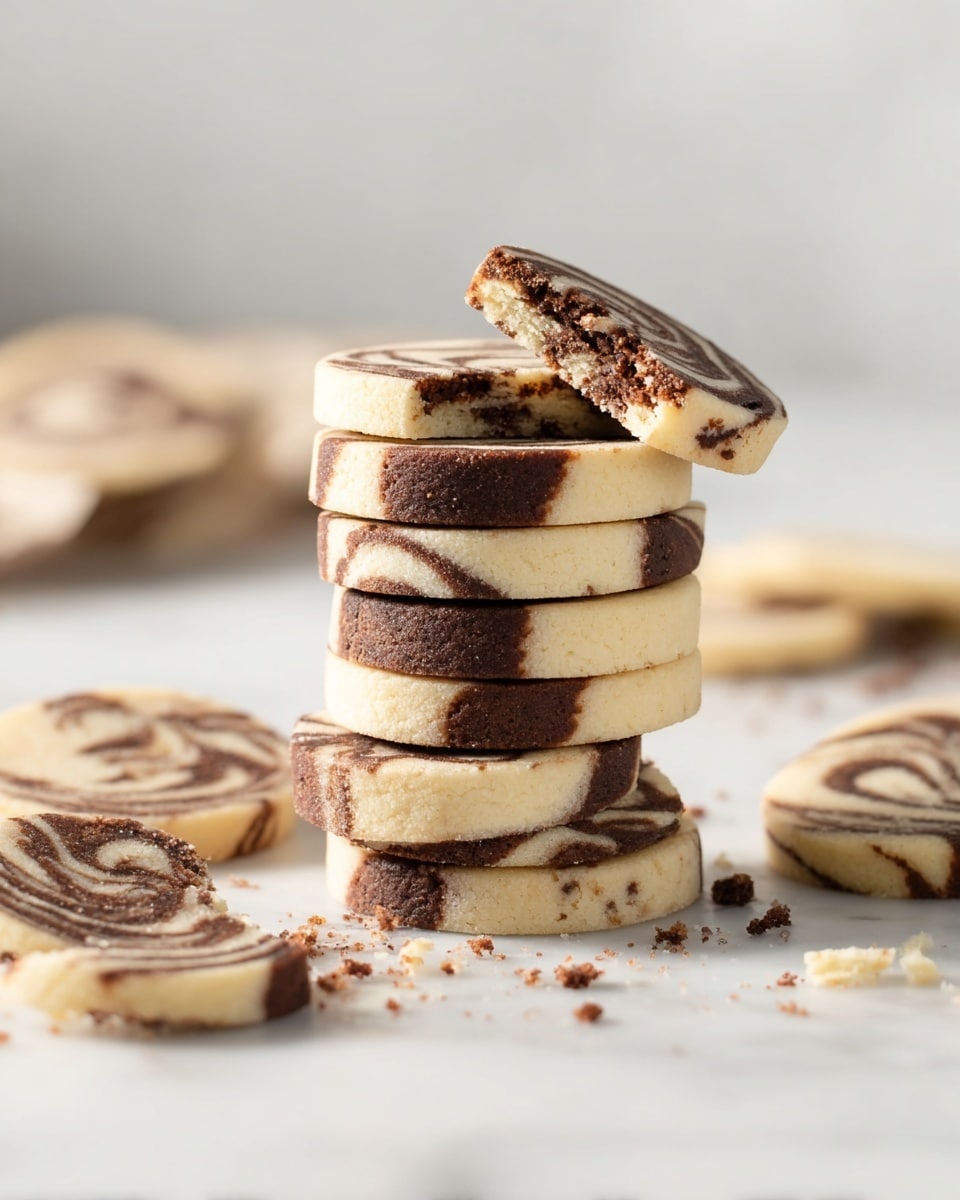 A stack of ten round marbled cookies with swirls of light beige and dark brown layers sits on a white marbled surface. The cookies are thin and smooth, with visible marbled chocolate patterns on top and sides. Two cookie pieces rest at the top, one showing a creamy inside with the same brown swirl pattern, and some crumbs are scattered around the base. The scene is bright and soft-focused in the background. photo taken with an iphone --ar 4:5 --v 7