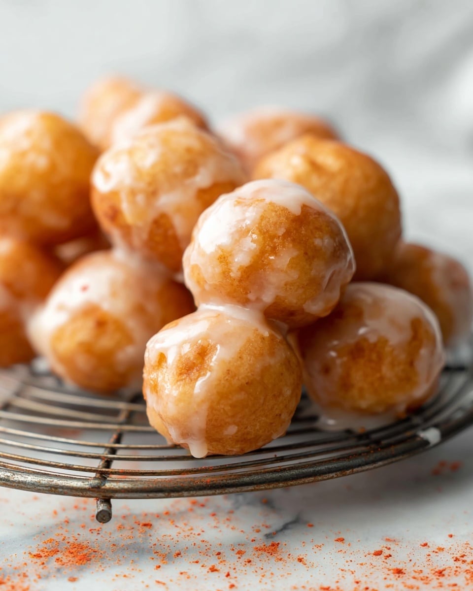 Close-up view of several round, golden-brown donut holes covered in a light, glossy white glaze with small orange specks, arranged on a dark metal cooling rack. The donut holes have a slightly bumpy texture with smooth areas where the glaze clings, and they are leaned on each other in a loose cluster. The scene is set on a white marbled surface with a light dusting of orange powder scattered around, giving a warm, inviting look. photo taken with an iphone --ar 4:5 --v 7