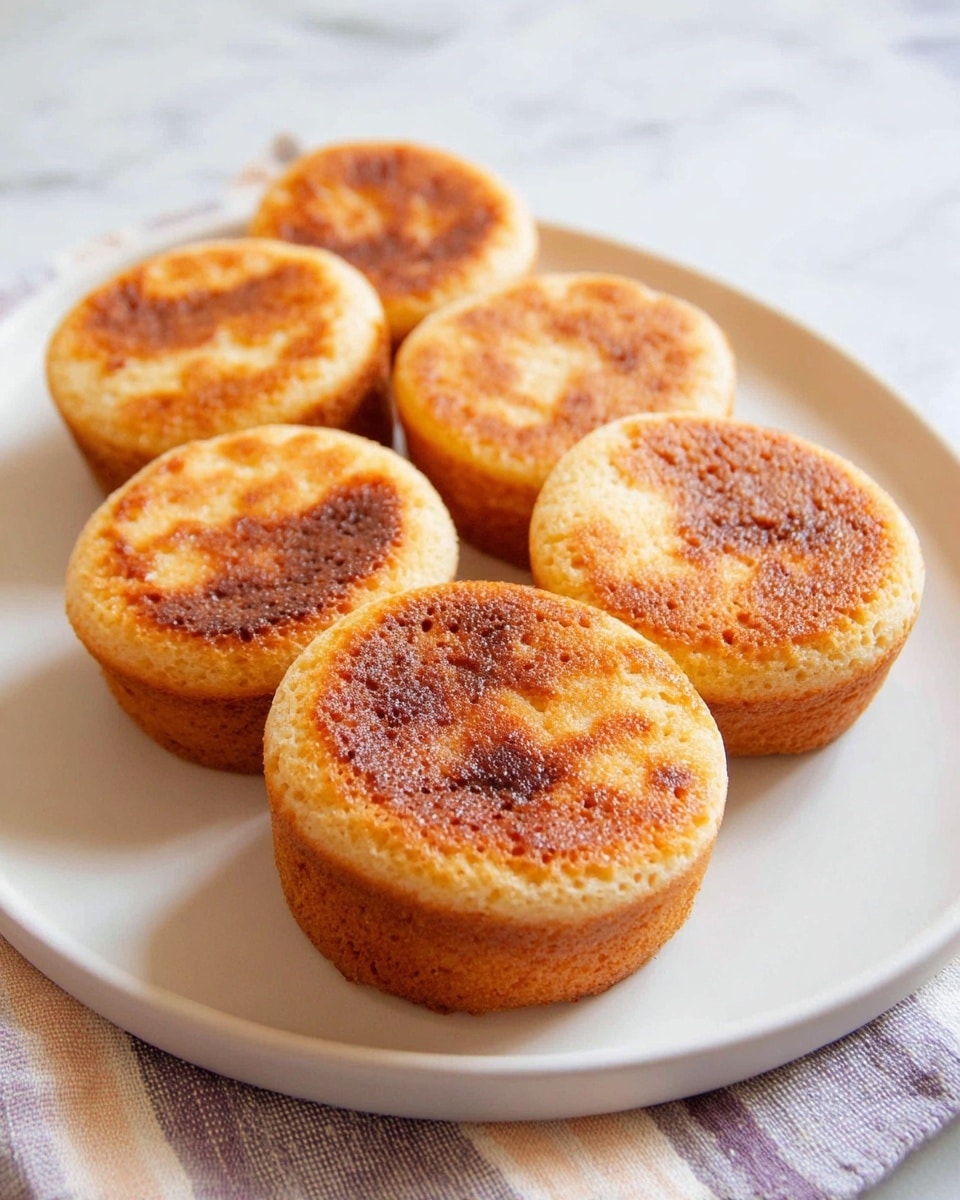 Six round, golden-brown cakes with a slightly crispy, textured top layer are neatly stacked in a curved line on a white plate. Each cake shows a subtle difference in baking color, from light golden to deeper brown spots, and their edges are slightly lighter and soft looking. The plate is placed on a white marbled surface with a glimpse of a striped fabric in soft colors beneath. photo taken with an iphone --ar 4:5 --v 7