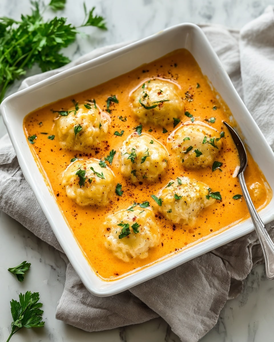A white square baking dish holds six light golden dumplings evenly spaced in a smooth, thick orange sauce. Each dumpling has a soft, slightly bumpy texture, topped with small green parsley leaves and a light sprinkling of black pepper. The sauce fills the dish to the edges with a glossy finish, and a silver spoon rests partially submerged on the right side. The dish is set on a white marbled surface with a light gray cloth beneath it, and fresh parsley sprigs are visible in the background. photo taken with an iphone --ar 4:5 --v 7