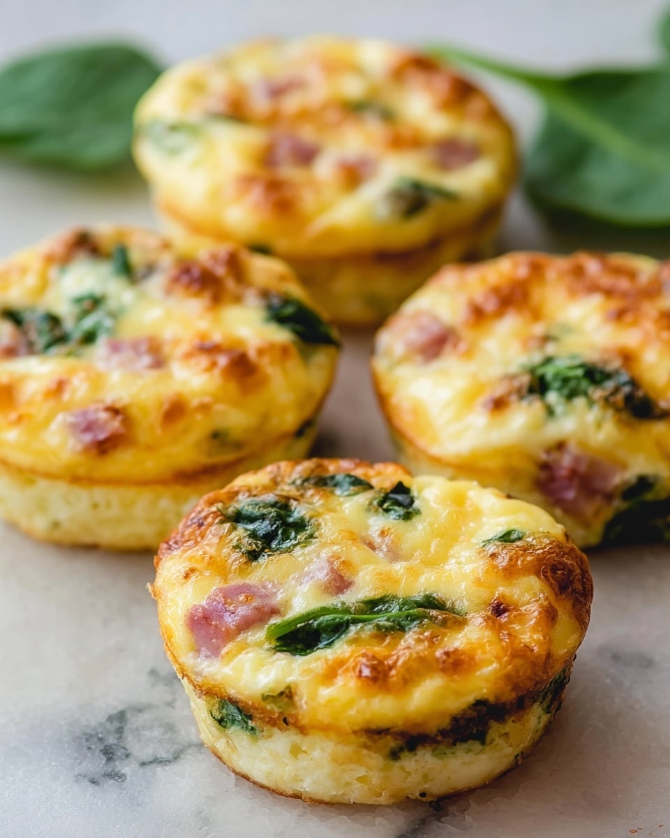 The image shows five small round egg muffins with a golden-brown top, each about two layers thick. The top layer is lightly browned and slightly crispy with a soft, cheesy texture, dotted with green spinach leaves and small pieces of pink ham throughout. The muffins have a dense, fluffy appearance with creamy yellow eggs as the base layer. They are placed on a white marbled textured surface, and there are some spinach leaves blurred in the background. Photo taken with an iphone --ar 4:5 --v 7