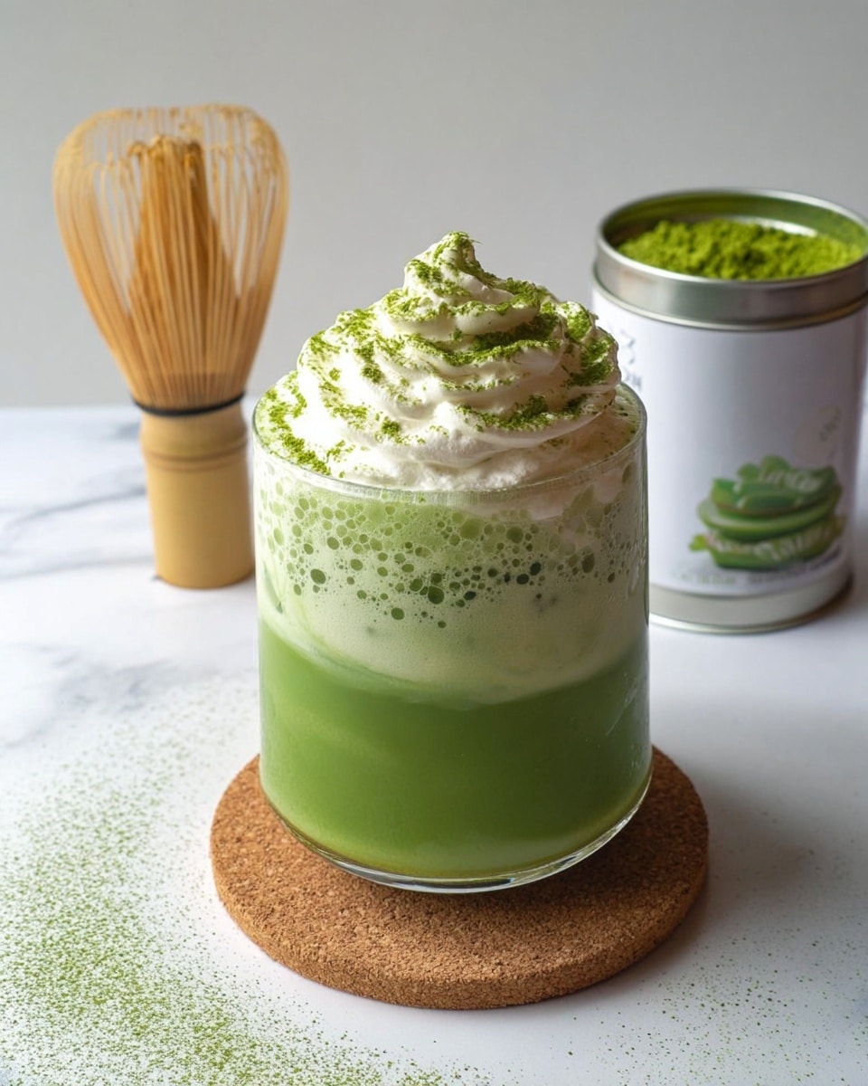 A clear glass filled with a three-layered green matcha drink sits on a round cork coaster on a white marbled surface. The bottom layer is a dense, solid light green, the middle layer is a slightly frothy medium green, and the top layer is a thick, foamy green with small bubbles. On top of the glass is a generous swirl of white whipped cream sprinkled with bright green matcha powder, which also lightly dusts the surface around the glass. To the left of the glass is a bamboo matcha whisk standing upright on the white marbled surface, and to the right, there is an open silver and white tin of matcha powder with vibrant green powder visible inside. Photo taken with an iphone --ar 4:5 --v 7