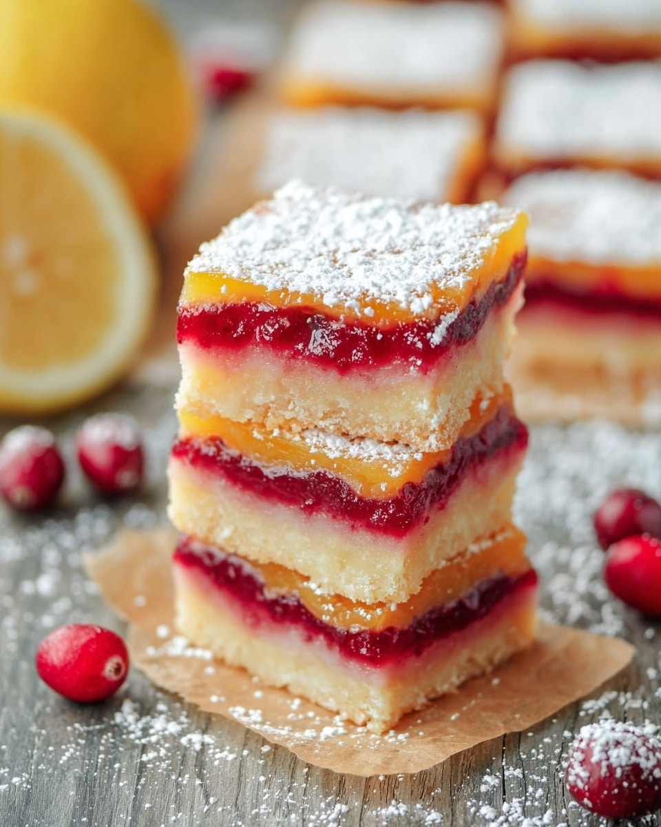 The image shows a baked dessert cut into 16 square pieces arranged in a 4 by 4 grid on parchment paper. Each square has a golden-brown top layer dusted with white powdered sugar, with red fruit filling visible between the cuts. There are some whole cranberries scattered near the top and bottom edges, along with a squeezed lemon half at the bottom. The surface underneath the parchment is a white marbled texture, and a checkered cloth is partly visible in the lower right corner. Photo taken with an iphone --ar 4:5 --v 7