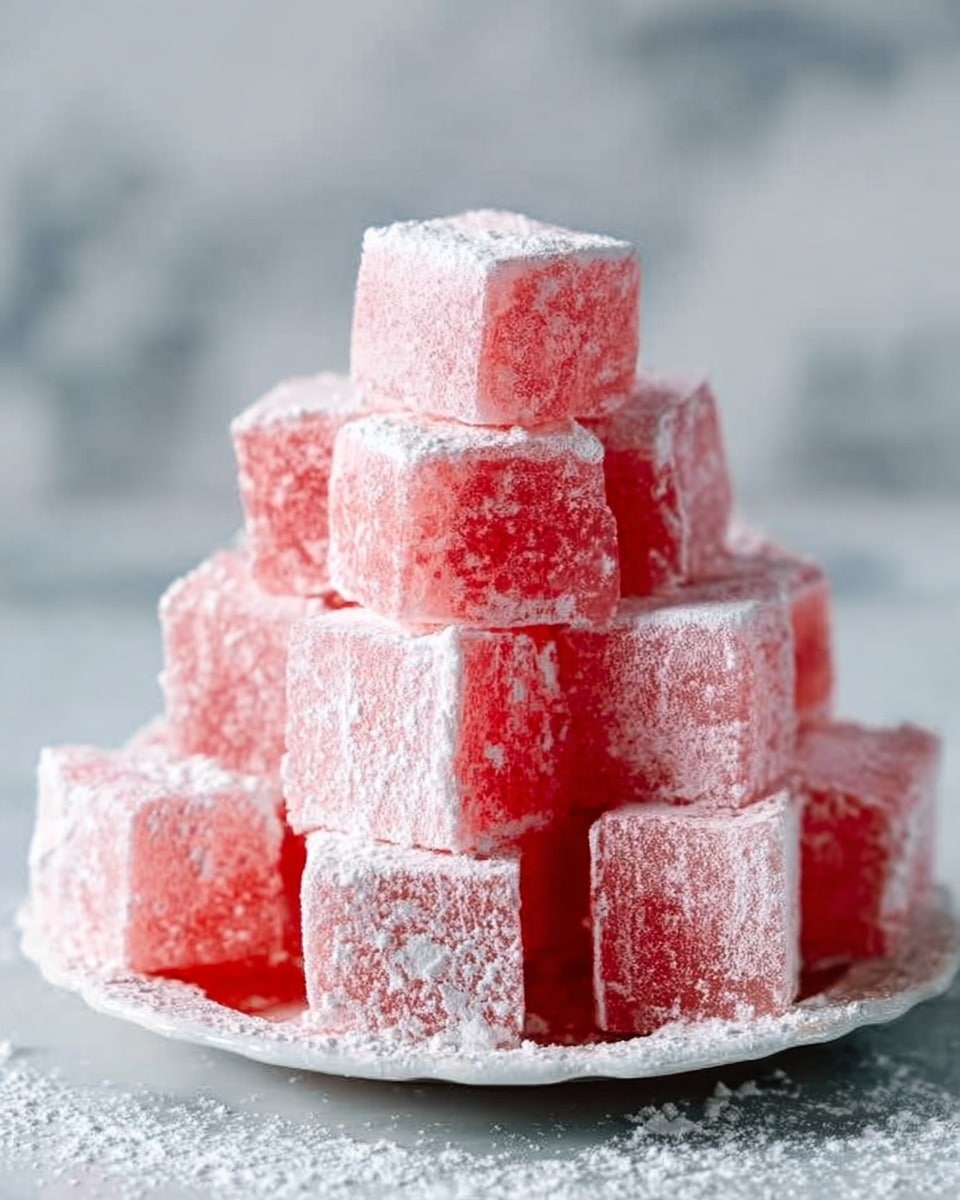 The image shows a close-up of a woman's hand holding a red jelly candy cube coated with fine white powder. Below, there is a small stack of similar jelly cubes wrapped in powder on a clear glass plate. The background is a white marbled texture, which contrasts with the bright red and soft matte finish of the jelly cubes. The overall scene captures the chewy texture and vibrant color of the candy with soft natural lighting. photo taken with an iphone --ar 4:5 --v 7