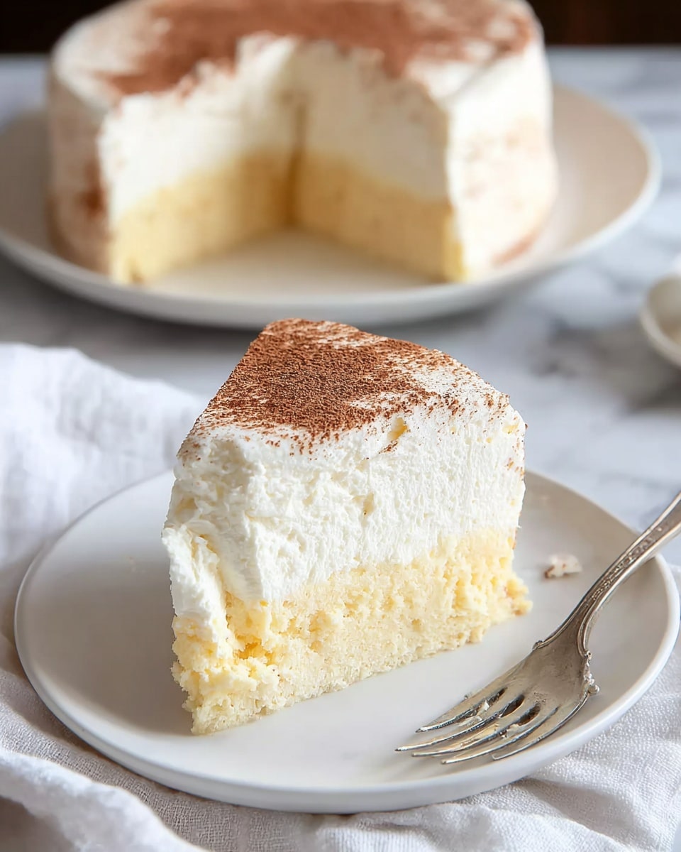 A slice of creamy two-layer cake is placed on a white plate with a silver fork beside it. The bottom layer is light yellow and soft, while the top layer is thick and white with a fluffy texture. The top surface of the slice is sprinkled with fine brown powder. In the background, there is the rest of the cake on a white plate, with a slice missing in the same shape as the one in the front. The scene is set on a white marbled texture with a white cloth partially under the plate. photo taken with an iphone --ar 4:5 --v 7