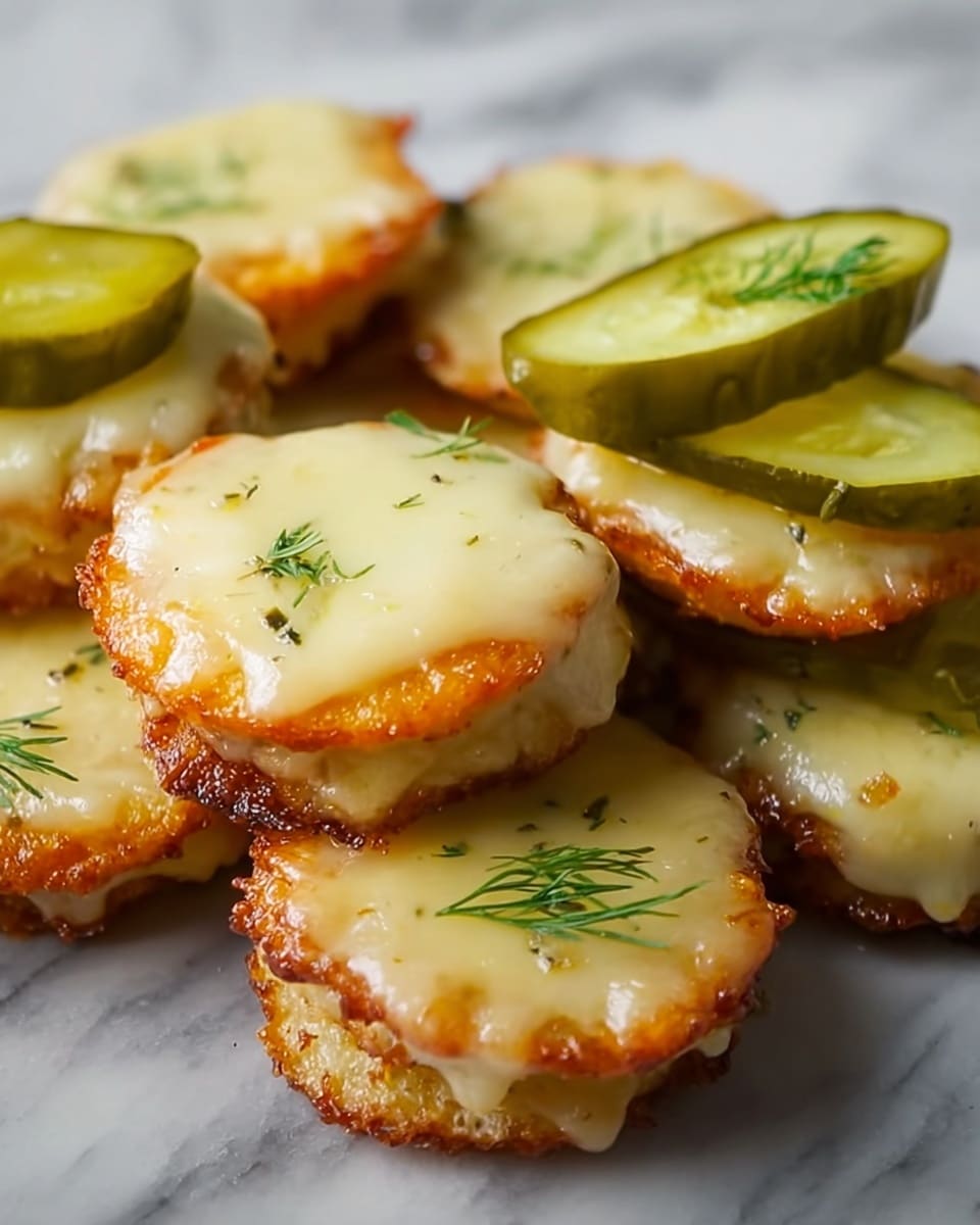 The image shows several small, golden-brown crispy rounds stacked in a pile, each topped with a smooth, shiny layer of melted cheese that is pale yellow with small specks of herbs sprinkled on top. The rounds have a crunchy texture around the edges and a soft, cheesy top that slightly drapes over the sides. Two thick green pickle slices with a shiny, moist surface sit on the side of the pile. The dish is set against a white marbled texture background, creating a clean and bright look. Photo taken with an iphone --ar 4:5 --v 7