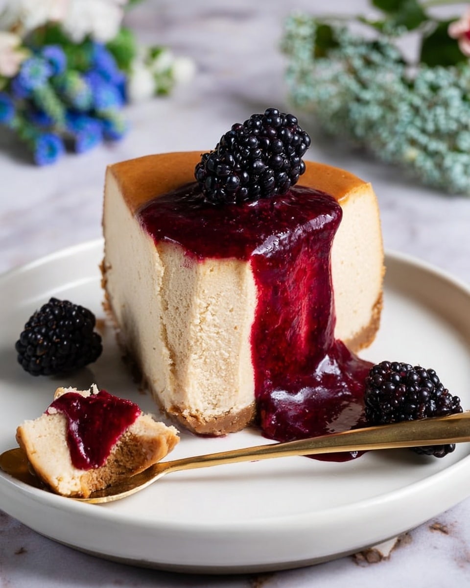 A slice of creamy beige cheesecake with a light brown top layer sits on a white plate. The cheesecake has a smooth, dense texture and is covered with a thick, glossy deep red berry sauce that drips down the sides and pools around the base. There are two fresh blackberries on top of the sauce, one on the cheesecake and one resting on the plate next to it. A gold spoon with a small piece of cheesecake and sauce is placed beside the slice. The scene is set on a white marbled surface with blurred green and blue small flowers in the background. Photo taken with an iphone --ar 4:5 --v 7