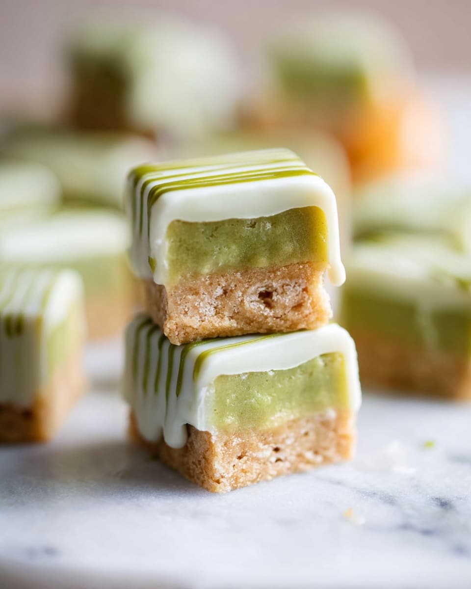 Two pieces of small square treats are stacked on a white marbled surface, showing a clear cross-section. Each treat has three layers: a bottom crumbly golden-brown base, a thick middle layer of smooth light green filling, and an outer white coating around all sides. The top is decorated with thin green lines of drizzle. In the blurred background, more pieces of the same treat are arranged. The lighting is soft and natural, highlighting the texture and color contrast. Photo taken with an iphone --ar 4:5 --v 7