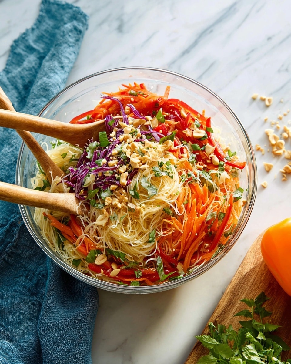 A white bowl filled with thin, pale yellow rice noodles forms the base layer, topped with bright orange carrot sticks, thin green cucumber strips, and vivid red bell pepper slices scattered evenly throughout. Thin strips of purple cabbage add a splash of dark color, while chopped green herbs are sprinkled on top for freshness. Small pieces of crushed nuts are also visible, adding texture. The bowl sits on a white marbled surface, with a light blue textured cloth to the left, an orange bell pepper to the right, and sprigs of fresh green mint leaves resting on a wooden board at the bottom right corner. Photo taken with an iphone --ar 4:5 --v 7