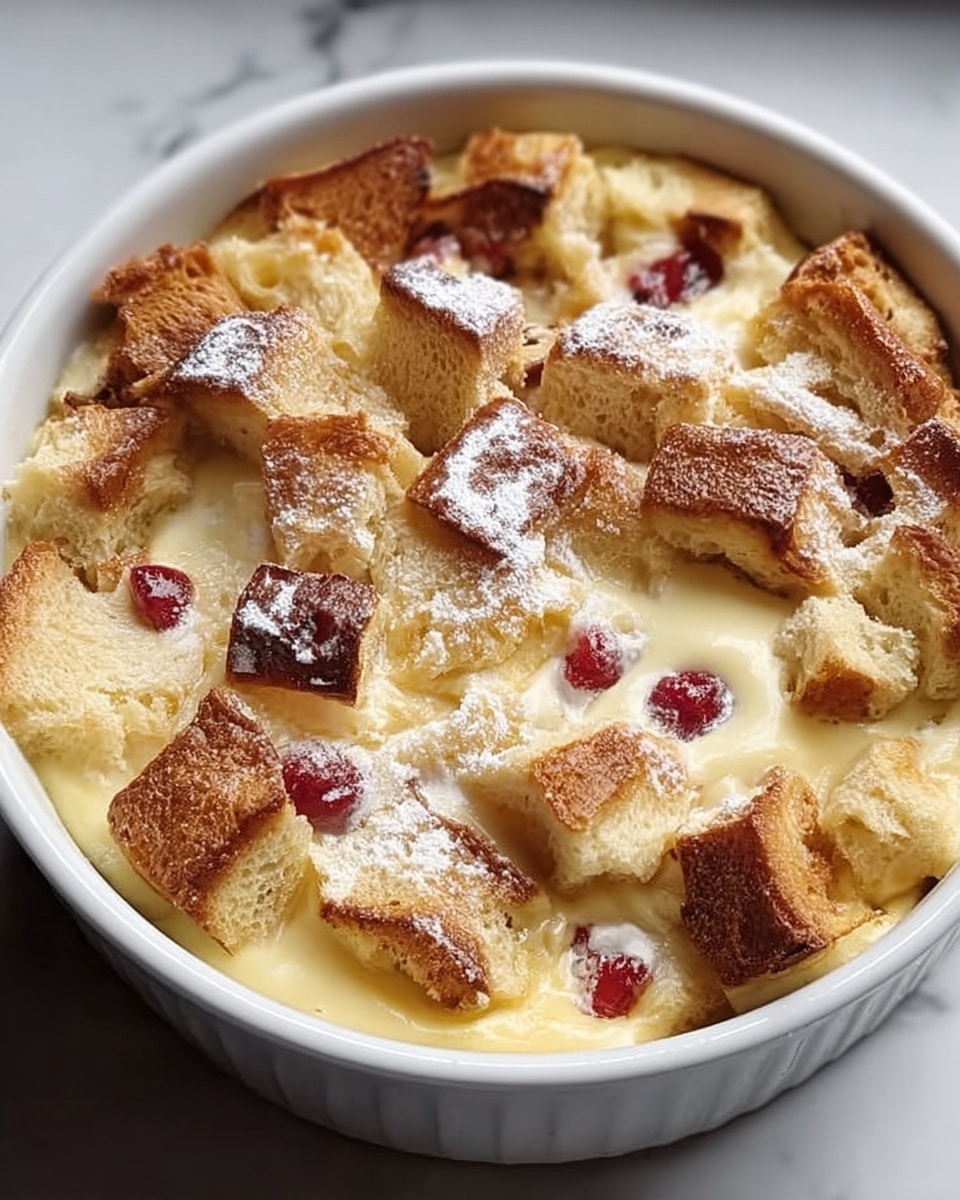The image shows a white square baking dish filled with a bread pudding. The pudding has large golden-brown bread pieces with a crispy texture on top and a soft creamy custard layer underneath. Scattered red berries add spots of bright color throughout the pudding. A light dusting of powdered sugar is sprinkled on the surface, giving a slightly snowy effect. The baking dish is on a brown wooden surface with a stack of white plates and a blurred festive background. photo taken with an iphone --ar 4:5 --v 7