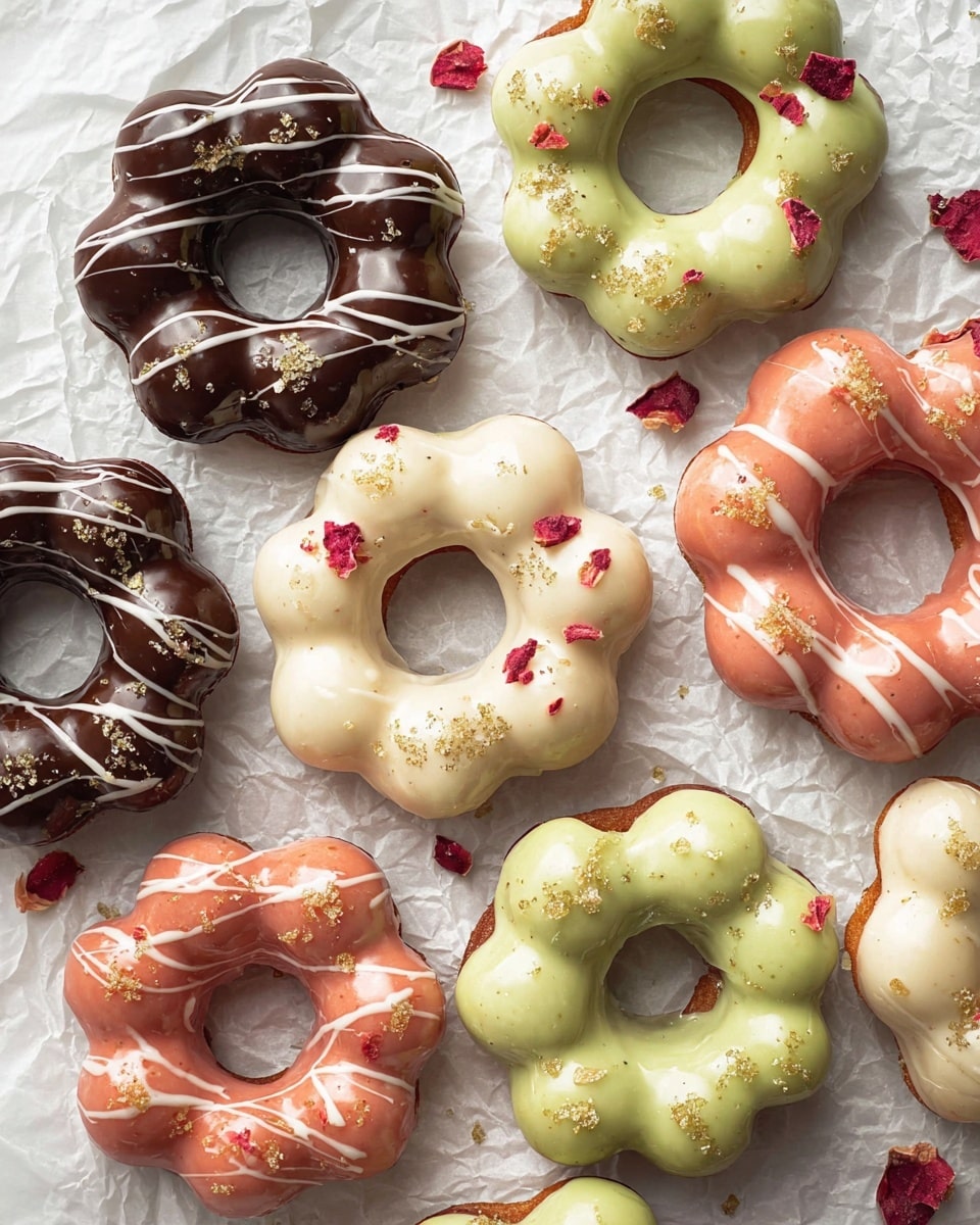 The image shows a close-up of three ring-shaped donuts with eight rounded segments each, on a white marbled surface. The main focus is a donut in the center with a pink glaze that has a smooth, shiny texture, topped with small pieces of red freeze-dried strawberry and thin white drizzle lines across the top; one segment has a bite taken out revealing a soft, fluffy inside. Behind it to the top right is a donut with a light green glossy glaze, decorated with white drizzle and light beige crumbly bits scattered on top. On the left and bottom right edges, parts of two more donuts are visible, both coated in dark chocolate glaze with creamy white drizzle lines adding texture and contrast. photo taken with an iphone --ar 4:5 --v 7