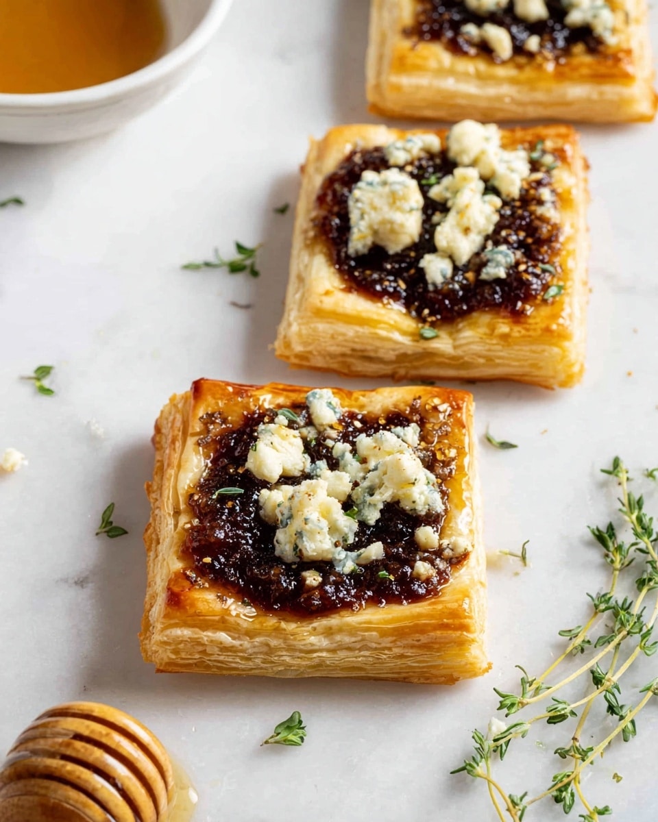 A close-up image of a stack of four square puff pastry tarts placed on a white marbled surface, each tart showing clear, golden, crispy layers of flaky dough. On top of the stack, the top tart is filled with dark, glossy fig jam, sprinkled with crumbled light blue cheese and small green herb leaves, likely thyme. A golden honey drizzle is being poured from above onto the cheese, creating a shiny glaze that catches the light and drips down the sides of the pastries. The background is softly blurred, keeping focus on the rich textures and warm colors of the tarts. Photo taken with an iphone --ar 4:5 --v 7