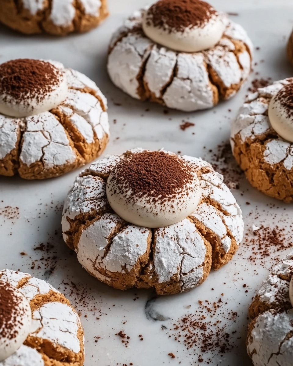 The image shows several round cookies with cracked white powdered sugar coating on the outside, revealing a light brown cookie base beneath. Each cookie has a small dome of white icing in the center, topped with a dusting of dark brown cocoa powder. The cookies are placed on a white marbled surface, with a few scattered cocoa powder spots around them. The texture of the cookies is rough and cracked, creating an appealing contrast between the smooth white icing, the powdery cocoa, and the rustic cookie base. Photo taken with an iphone --ar 4:5 --v 7