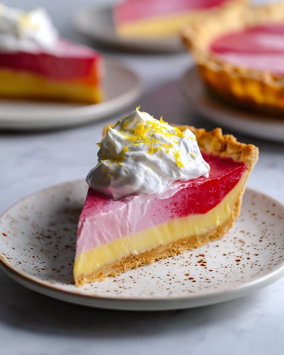 The image shows a slice of pie on a white plate with small brown specks. The pie has three visible layers: a golden crust at the bottom, a smooth yellow layer in the middle, and a bright pink-red layer on top. On top of the pie slice is a dollop of fluffy white whipped cream with small yellow zest sprinkled over it. In the blurred background, there are more pie slices on white plates, all placed on a white marbled surface. photo taken with an iphone --ar 4:5 --v 7