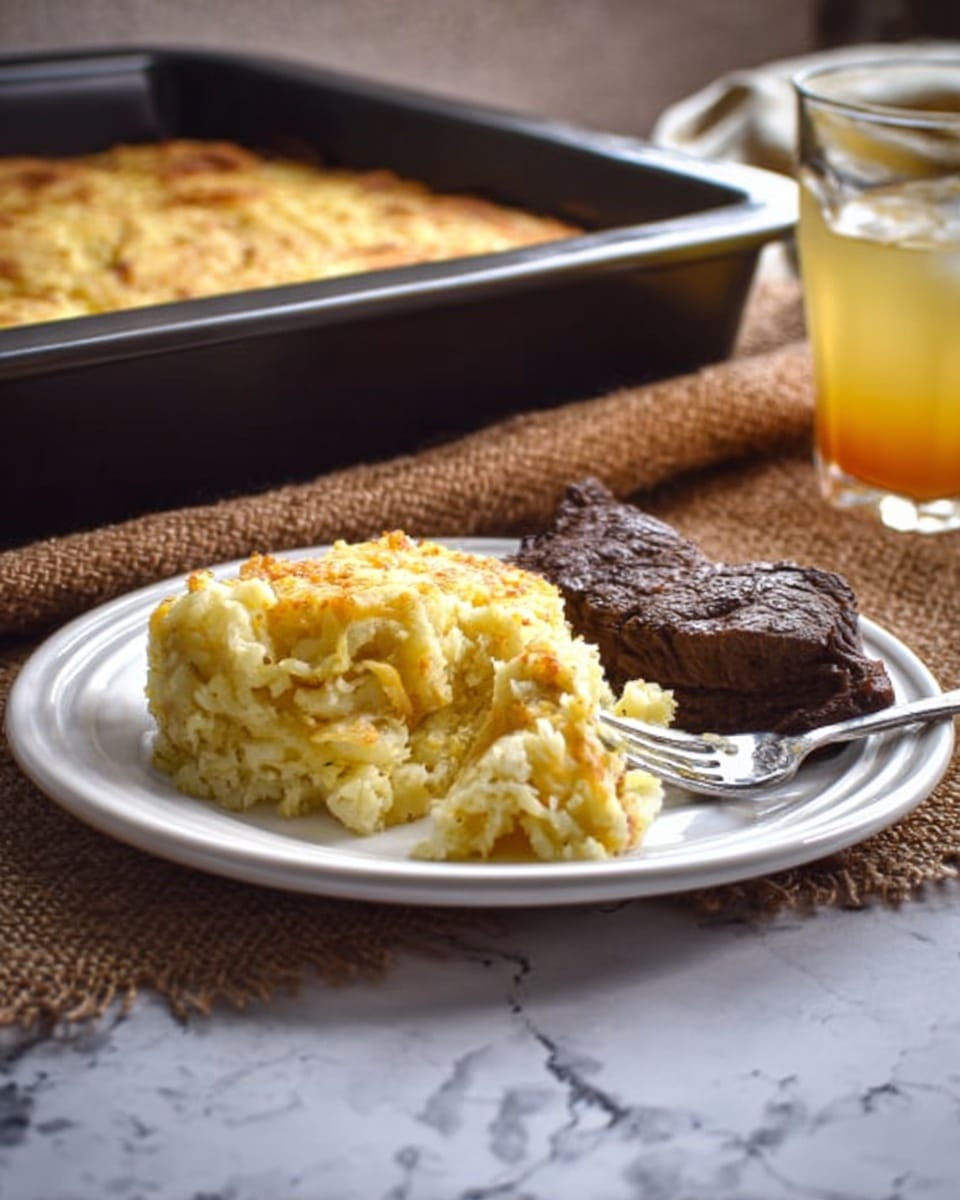 The image shows a white plate with two main parts: on the left side, a creamy, yellowish layer of mashed or baked potatoes with a slightly browned top layer, and on the right side, a piece of cooked dark brown steak with a rough texture. In the background, there is a black baking dish with the same potato dish visible, sitting on a rough, brown textured cloth. To the right of the plate, there is a glass with a yellow drink, all set on a white marbled surface. A silver fork is resting on the plate, touching the potato side. photo taken with an iphone --ar 4:5 --v 7