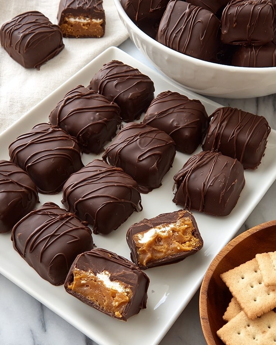 The image shows a white rectangular plate with twelve square chocolate-covered treats arranged neatly in rows, with three of them cut in half to reveal a textured, caramel-colored filling and a white layer beneath it. Each chocolate piece is dark brown and has thin drizzles of chocolate on top, adding a glossy and textured look. A white bowl filled with more chocolate treats sits to the upper right of the plate, and a wooden bowl with light brown crackers is placed near the bottom right corner. The background is a white marbled texture. photo taken with an iphone --ar 4:5 --v 7