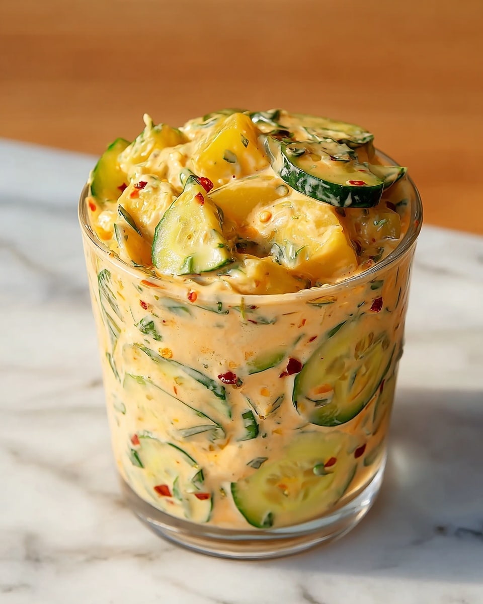 A clear glass cup filled with a thick creamy salad mixture showing visible layers of thinly sliced green cucumbers and chunks of bright yellow potatoes, all covered in a pale orange sauce with specks of red chili flakes and green herbs throughout. The salad reaches just above the rim of the glass with some pieces slightly protruding, placed on a surface with a white marbled texture. photo taken with an iphone --ar 4:5 --v 7