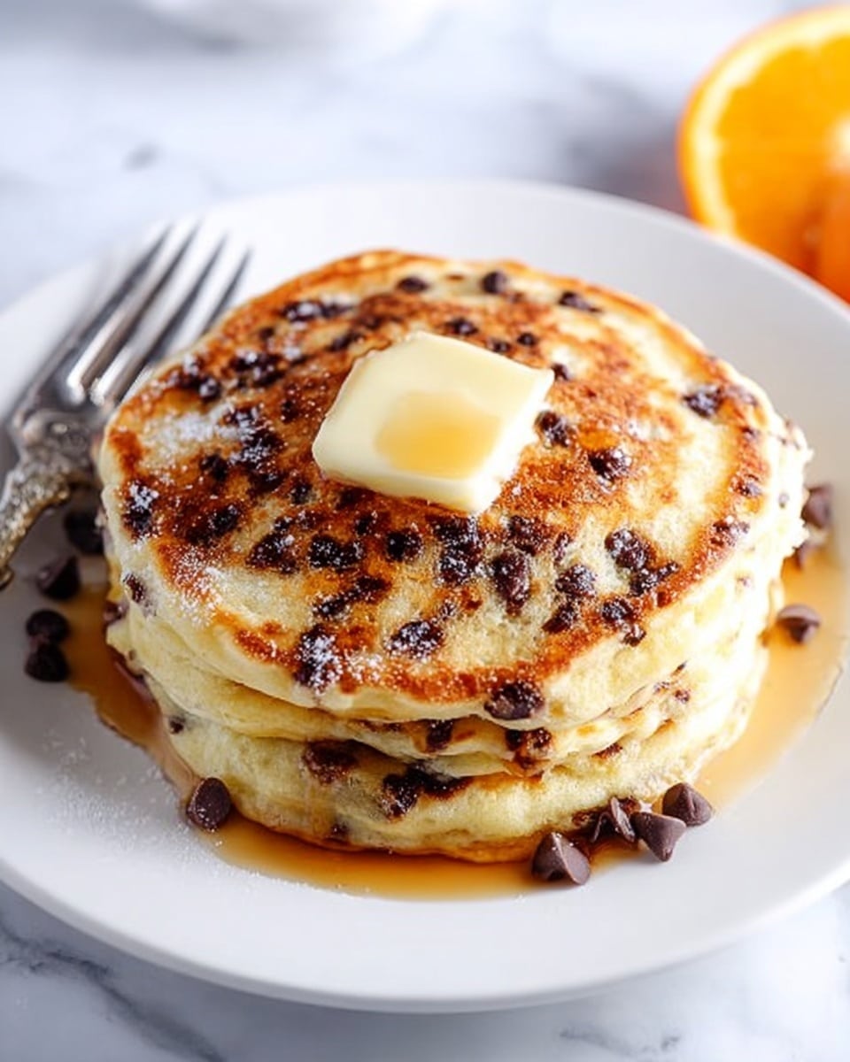 A stack of three thick, fluffy chocolate chip pancakes sits on a white plate placed on a white marbled surface. The pancakes are golden-brown with melted chocolate chips dotted evenly throughout each layer. On top, a melting pat of butter slowly spreads over the warm surface of the top pancake. Small pools of syrup can be seen around the base of the stack with a few chocolate chips scattered nearby. A silver fork rests behind the plate and a sliced orange is partially visible in the background. photo taken with an iphone --ar 4:5 --v 7