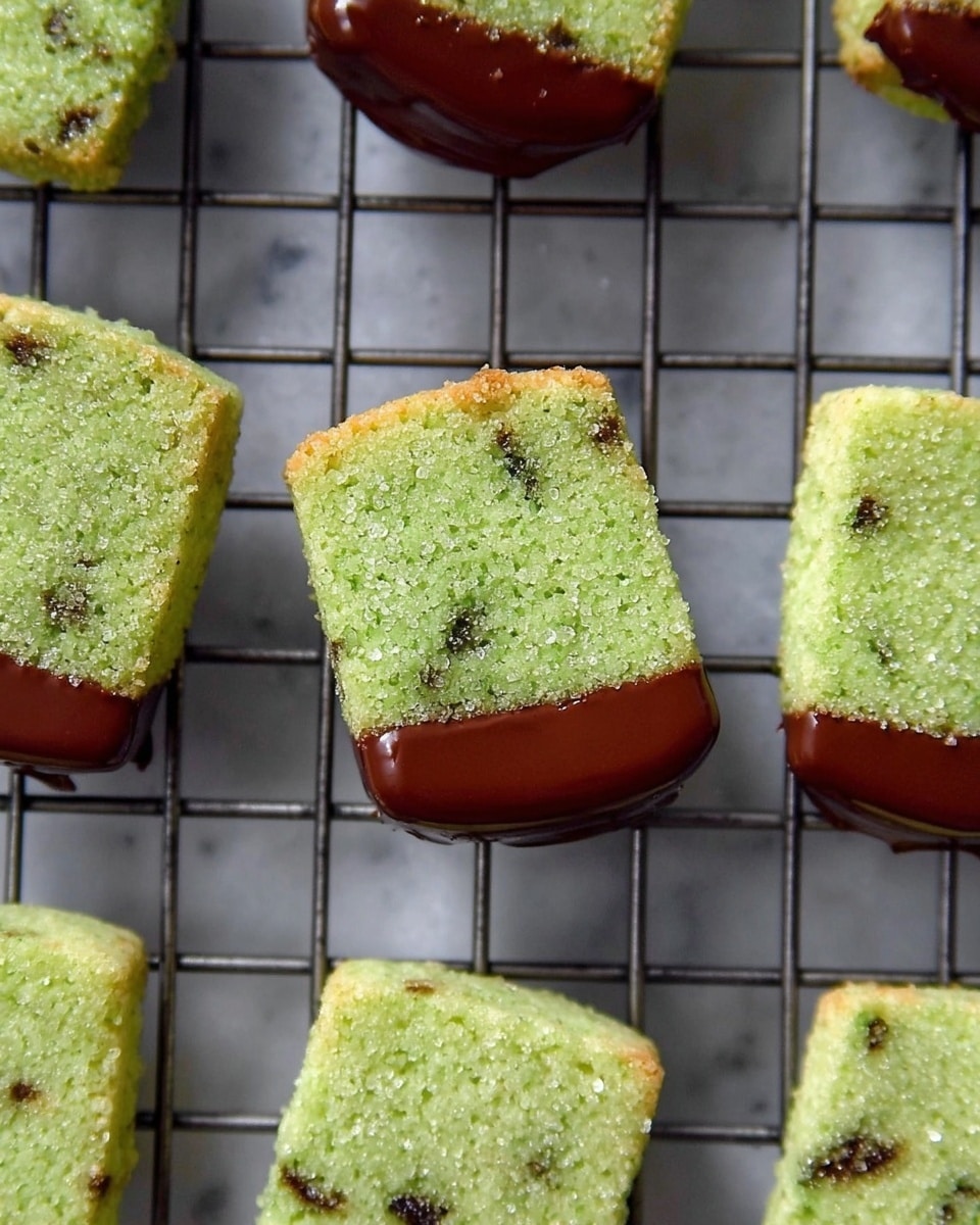 The image shows a close-up of small, square-shaped green cookies with dark specks inside them, arranged on a black wire cooling rack. One cookie is half-dipped in smooth, shiny dark chocolate that covers the lower half, creating a glossy contrast to the matte green part above. The green cookie texture looks slightly crumbly with tiny sugar crystals visible, and the dark specks seem evenly spread throughout each piece. The cooling rack rests on a background of white marbled texture. Photo taken with an iphone --ar 4:5 --v 7