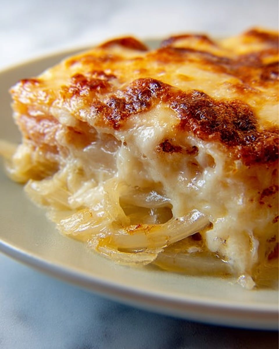 The image shows a close-up of a cheesy baked dish with two main layers visible. The base layer is made of sliced onions that look soft and cooked, showing a pale yellow color and slightly translucent texture. Above the onions, there is a thick layer of melted cheese with a golden-brown bubbly surface, slightly browned at some spots. The cheese looks stretchy and gooey, covering the onions almost completely. The dish is served on a white plate set on a white marbled surface. Photo taken with an iphone --ar 4:5 --v 7
