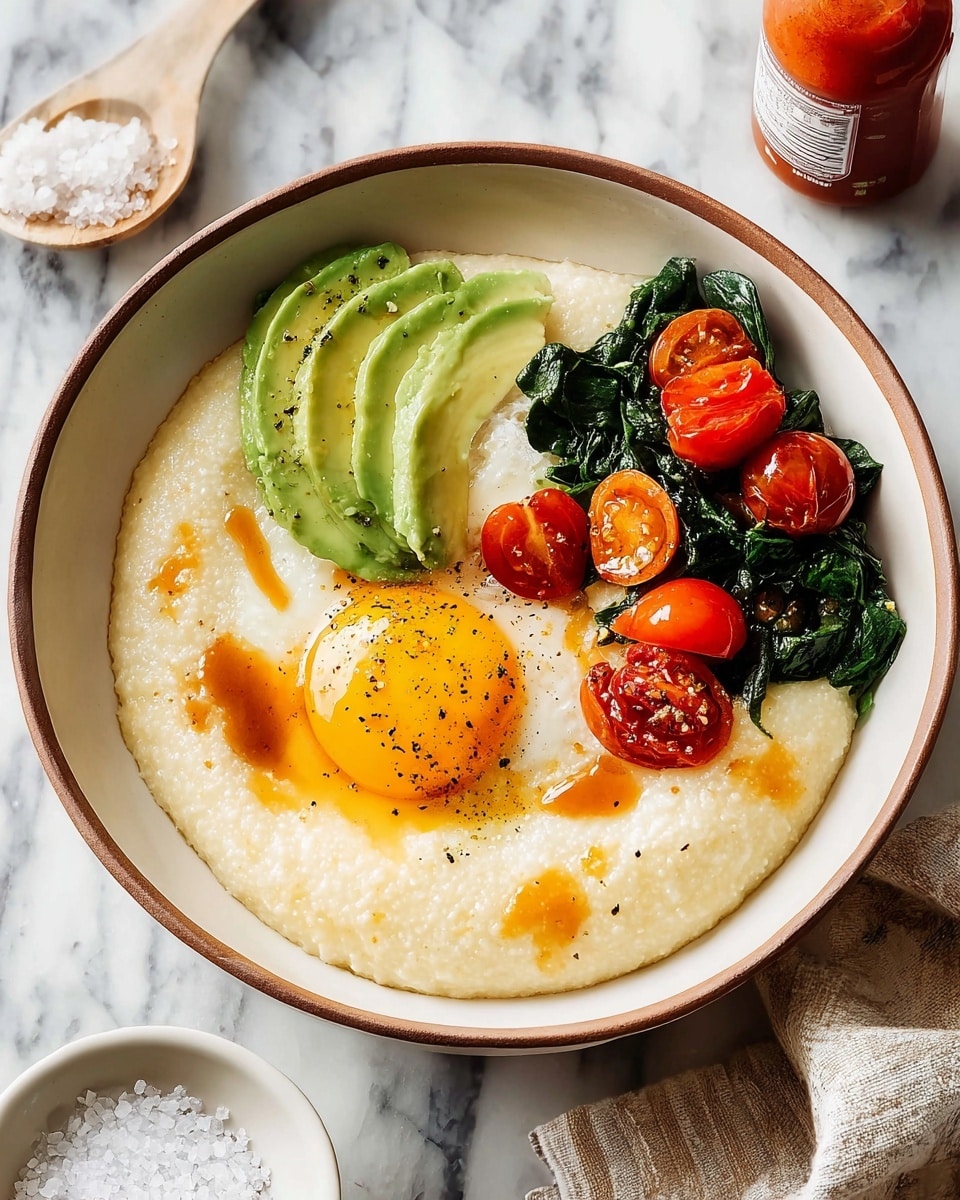 A white bowl with a brown rim holds a creamy off-white base layer of soft grits spread flat. On top, there is a sunny-side-up egg with a bright yellow yolk and cooked white, seasoned with black pepper. To the left of the egg, there are three slices of fresh, green avocado slightly fanned out with a small drizzle of brown sauce. To the right, there is a small pile of dark green sautéed spinach mixed with glossy, bright red cherry tomatoes scattered on and around the spinach and egg. The bowl sits on a white marbled surface with a small white bowl of coarse salt and a bottle of hot sauce nearby. Photo taken with an iphone --ar 4:5 --v 7