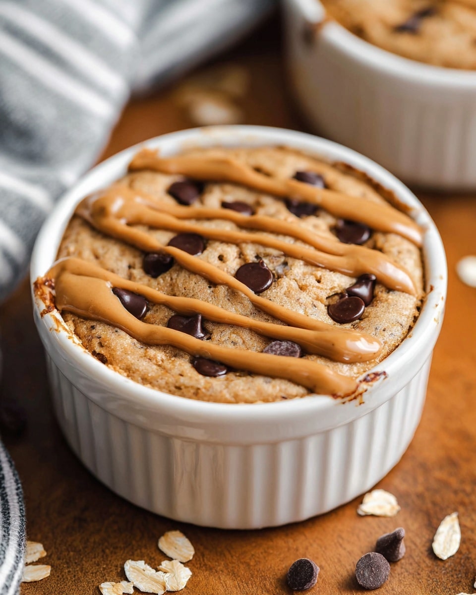 The image shows a white ramekin filled with a baked dessert that has a light brown, slightly cracked top layer studded with dark chocolate chips. On top, there are three thick, uneven drizzles of creamy, light brown nut butter stretching across the surface. The ramekin is placed on a wooden table with a few rolled oats scattered nearby and part of a second ramekin blurred in the background. The scene is cozy with a striped cloth partially visible on the left side. Photo taken with an iphone --ar 4:5 --v 7