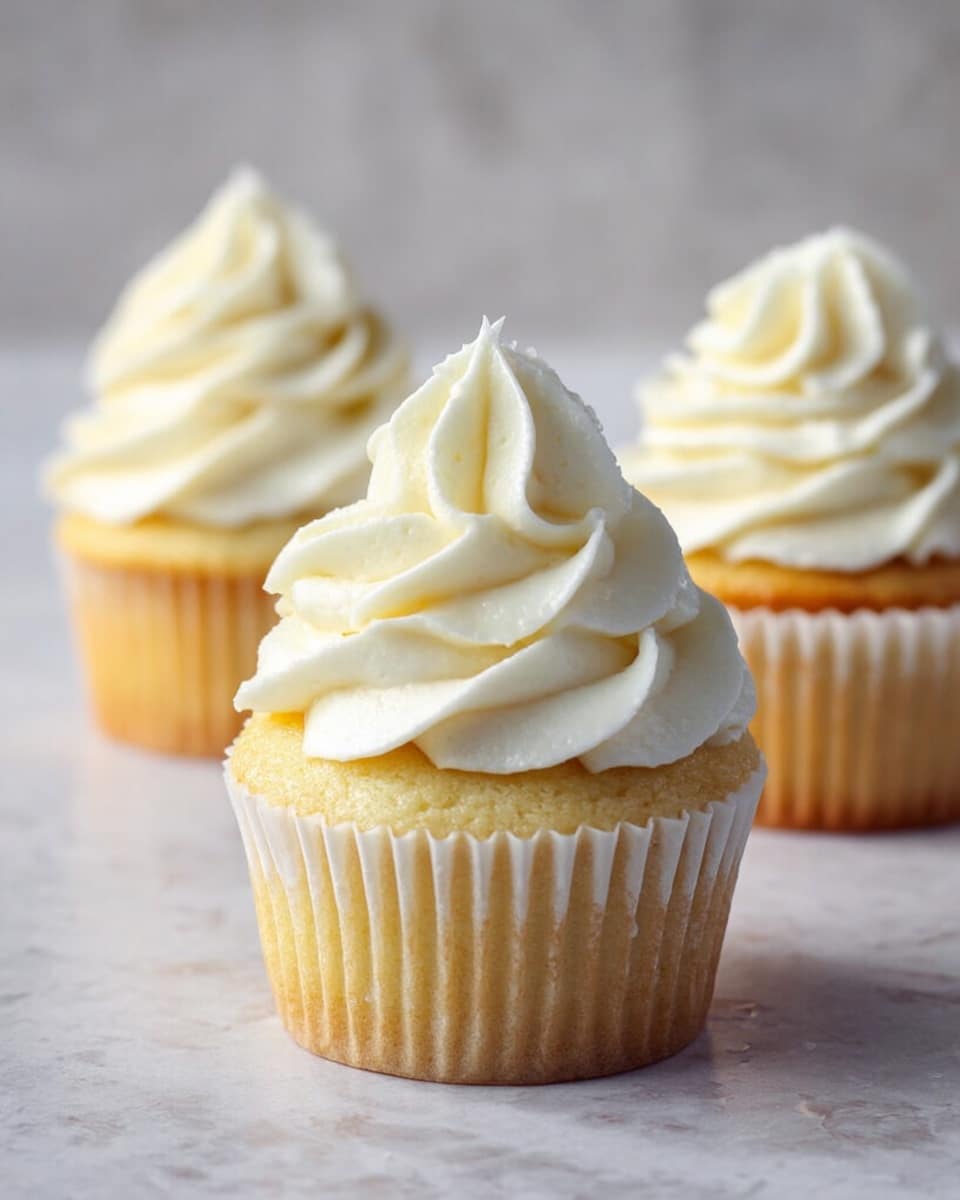 The image shows a close-up of three vanilla cupcakes, each with one layer of light golden cake topped with a thick swirl of creamy white frosting. The frosting has a smooth, soft texture and is shaped in a tall, pointed spiral. The cupcakes are set on a flat white marbled surface, and their white paper liners reveal the cake inside. The background is softly blurred, focusing attention on the front cupcake, while the other two cupcakes sit behind it at different distances. Photo taken with an iphone --ar 4:5 --v 7