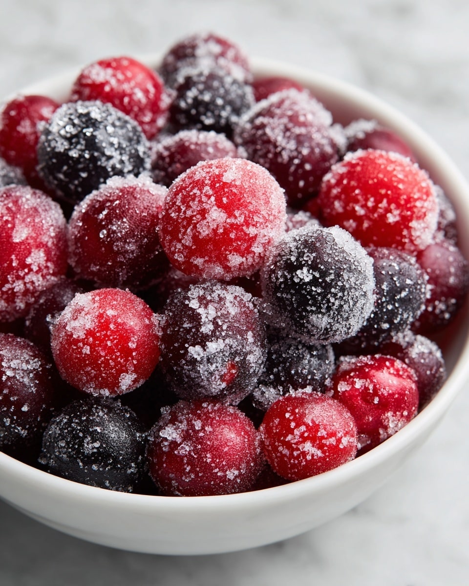A close-up view of a white bowl filled with shiny red and dark red berries coated in large, sparkling sugar crystals. The berries are tightly packed in the bowl, showing a mix of smooth and slightly textured surfaces, with the sugar making them look frosty and glistening under the light. The background is a soft, white marbled texture that contrasts softly with the vibrant reds of the berries. Photo taken with an iphone --ar 4:5 --v 7