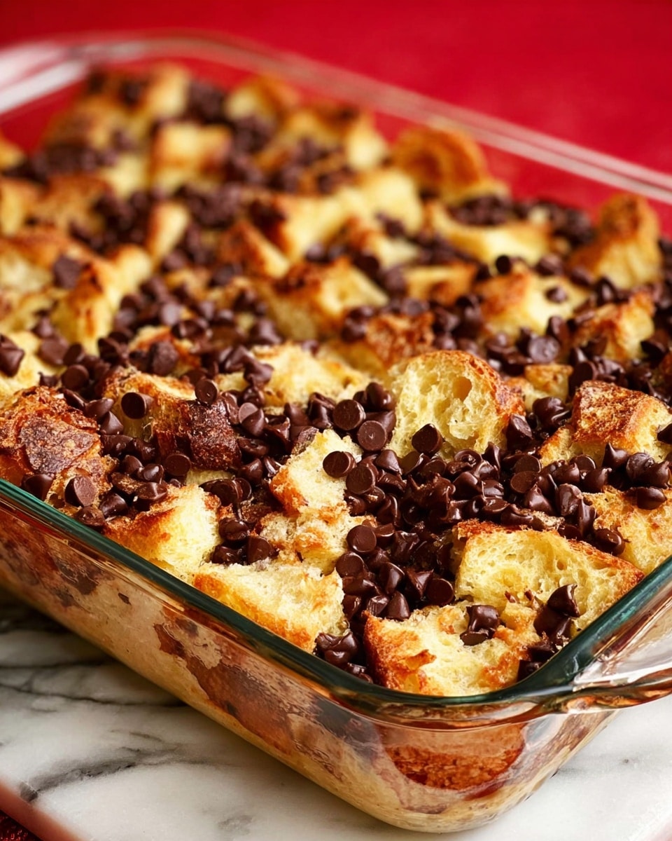 The image shows a close-up of a baked dish in a clear glass rectangular dish with golden brown bread pieces on top. The bread pieces are toasted with a slightly crispy texture and are unevenly spread over the surface, mixed perfectly with many dark brown chocolate chips that are slightly melted and shiny. The bread and chocolate layers fill the dish almost to the top. The dish is set on a white marbled surface with a blurred red background. photo taken with an iphone --ar 4:5 --v 7