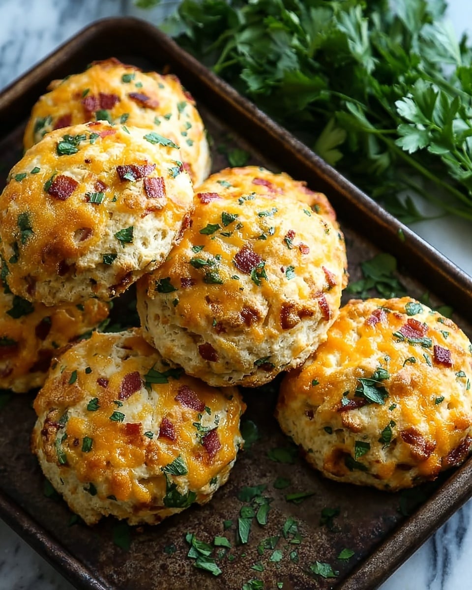 The image shows a close-up of six golden-brown biscuits piled on a dark baking tray with slightly rough edges. Each biscuit has a textured surface with visible bits of melted orange cheese, green herbs scattered across the top, and small pieces of reddish-brown bacon mixed inside. The biscuits look fluffy with uneven, puffy layers beneath the topping. Some chopped green herbs are sprinkled on the tray around the biscuits. The background has a white marbled texture with a blurred bunch of fresh parsley. photo taken with an iphone --ar 4:5 --v 7