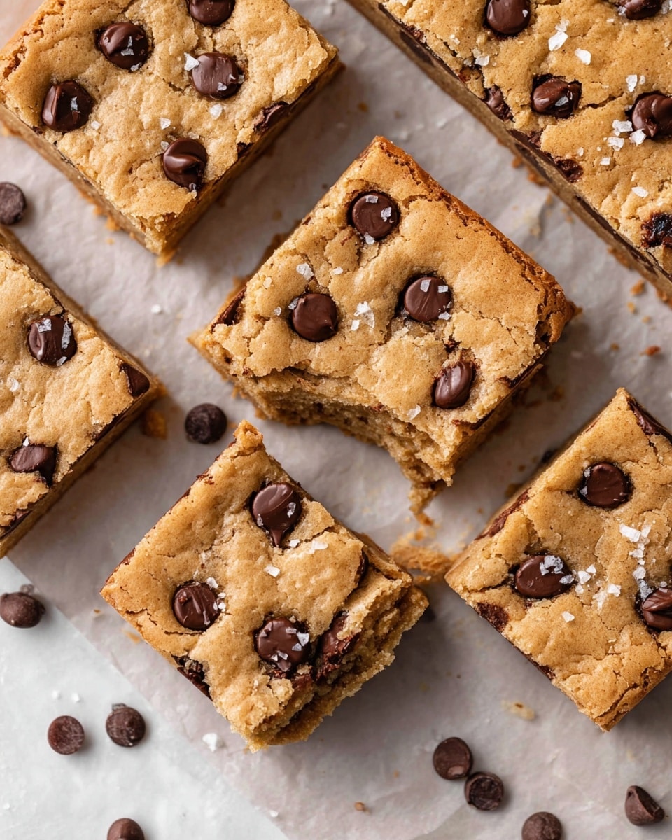 A close-up view of five square blondie bars arranged on a white marbled surface with parchment paper underneath. Each blondie has a golden-brown top layer dotted with many dark chocolate chips that are slightly melted and shiny. The blondies have cracks showing a soft, dense texture, with some flaky sea salt sprinkled on top for contrast. Extra chocolate chips are scattered around the bars on the surface. One blondie square is slightly pulled away from the others, showing more thickness and texture. photo taken with an iphone --ar 4:5 --v 7