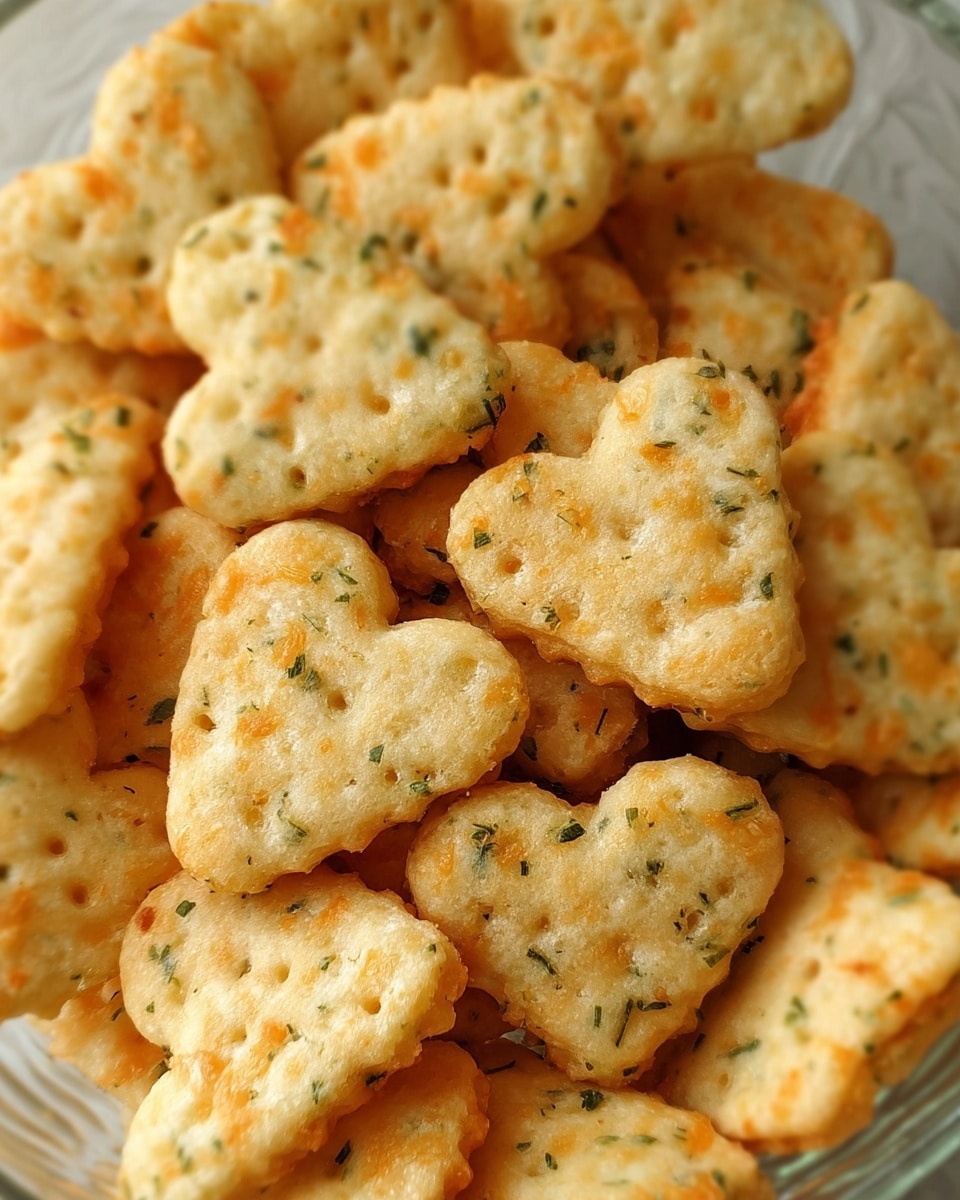 A close-up image of many small heart-shaped crackers piled together in a clear bowl, each cracker showing a light golden color with orange cheese bits and small green herb flecks speckled throughout; the crackers have a slightly rough surface texture and a thin, crispy appearance. The background is a white marbled texture. photo taken with an iphone --ar 4:5 --v 7